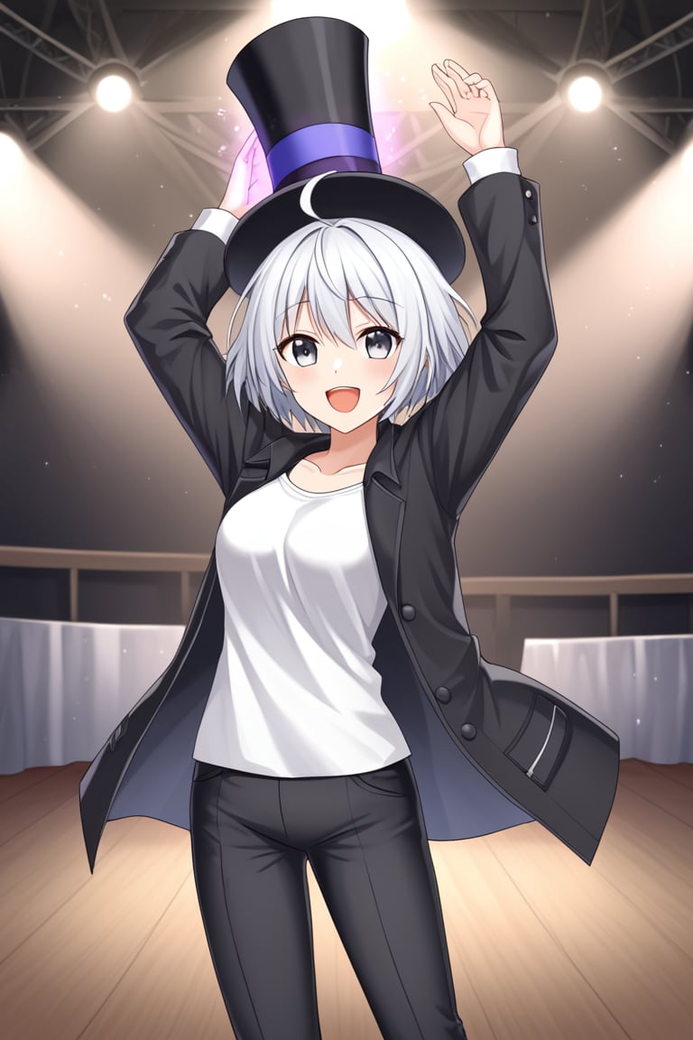 1girl, solo, rainaygo, duel monster, white hair, short hair, grey eyes, modern urban clothes, magician outfit, black top hat, black coat, open coat, (white shirt:1.2), black pants, indoors, stage, magic show, arms up, open mouth, smile, 