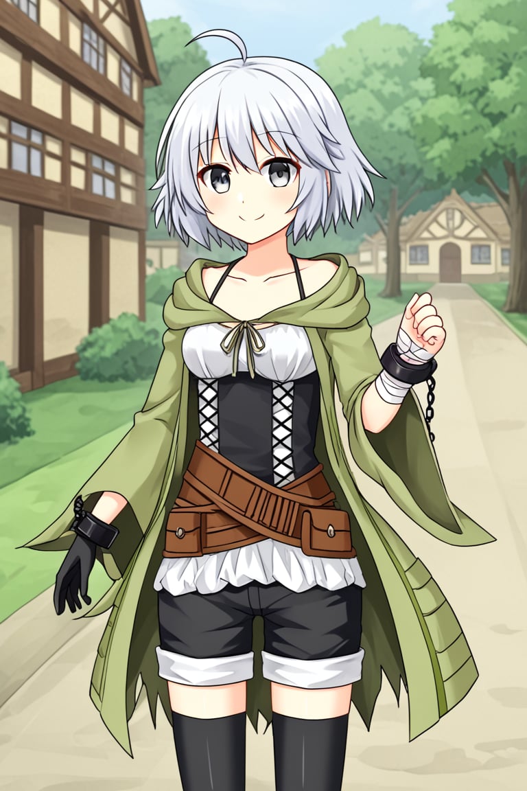 1girl, solo, rainaygo, duel monster, white hair, short hair, ahoge, grey eyes, green robe, open robe, hooded robe, corset, brown belt, black shorts, black thighhighs, single glove, shackles, bandaged hand, standing, outdoors, village, cowboy shot, smile