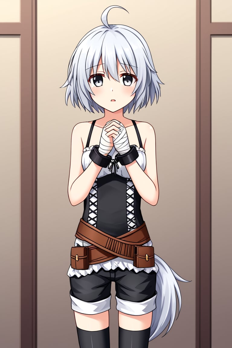 1girl, solo, rainaygo, duel monster, white hair, short hair, ahoge, grey eyes, corset, brown belt, black shorts, black thighhighs, single glove, shackles, bandaged hand, standing, standing, hands together, parted lips, sad, indoors, looking at viewer