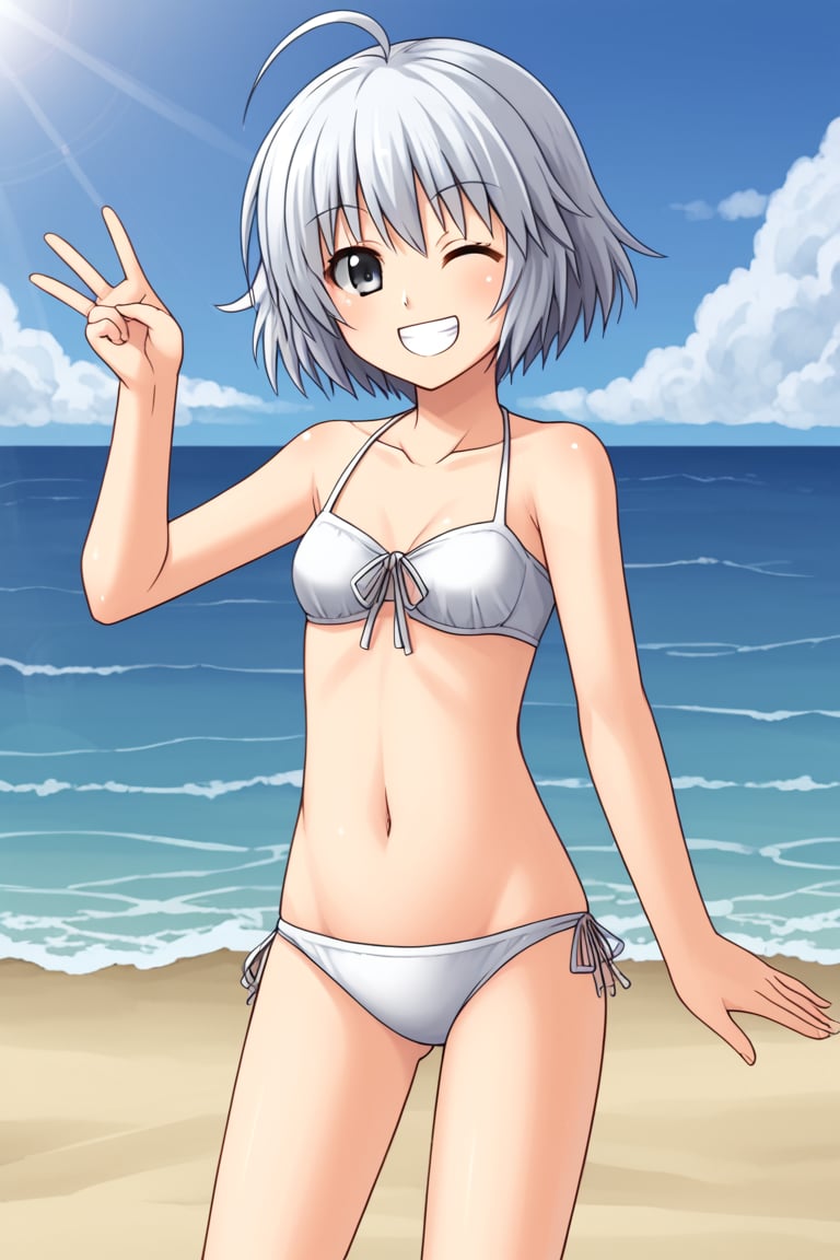 1girl, solo, rainaygo, duel monster, white hair, short hair, ahoge, grey eyes, white bikini, standing, outdoors, beach, wink, smile, teeth