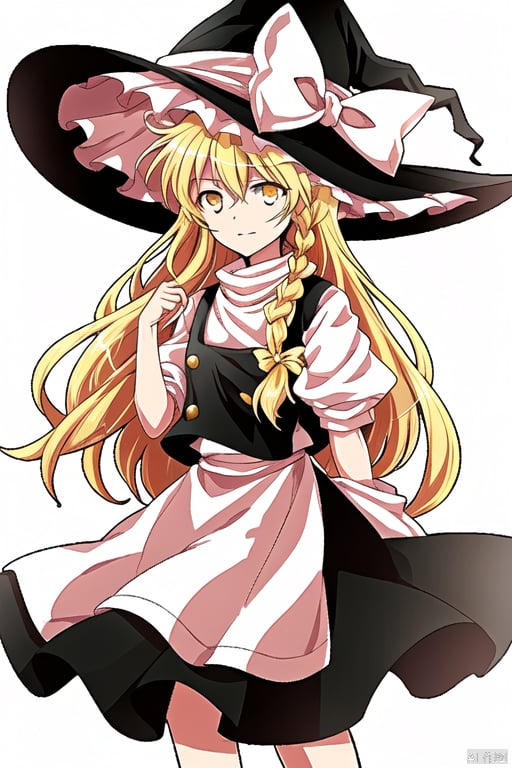 simple background,kirisame_marisa,witch_hat,kirisame_marisa,hat,blonde_hair,solo,braid,yellow_eyes,long_hair,witch_hat,single_braid,white_bow,hair_bow,black_skirt,