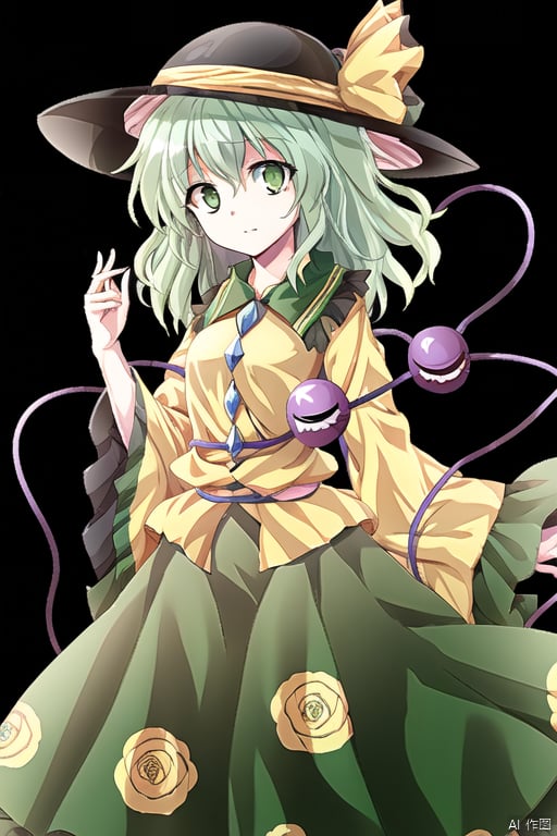 ,simple background,komeiji koishi,1girl, hat,hat bow,green hair,green eyes,yellow shirt,green skirt,,long sleeves, wide sleeves, floral print,third eye,eyeball,cute