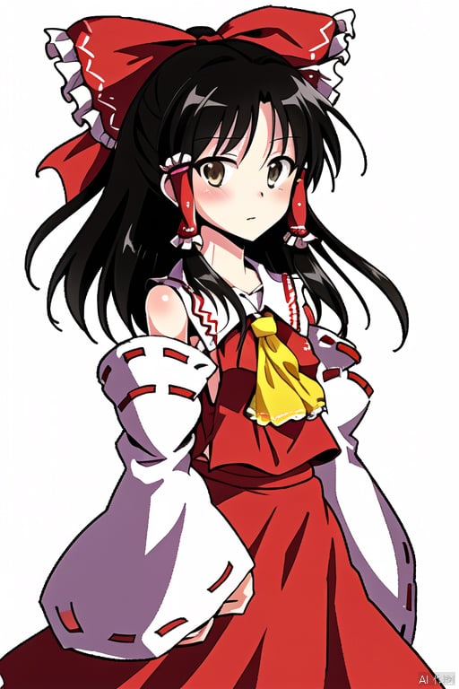 simple background,hakurei reimu,1girl,hair bow,red bow,detached sleeves,solo,hair tubes,simple background,looking at viewer,frilled bow,red skirt,sidelocks,wide sleeves,bare shoulders,blush,yellow ascot,ribbon-trimmed sleeves,hakurei_reimu,hair_bow,red_bow,blackeyes,cute