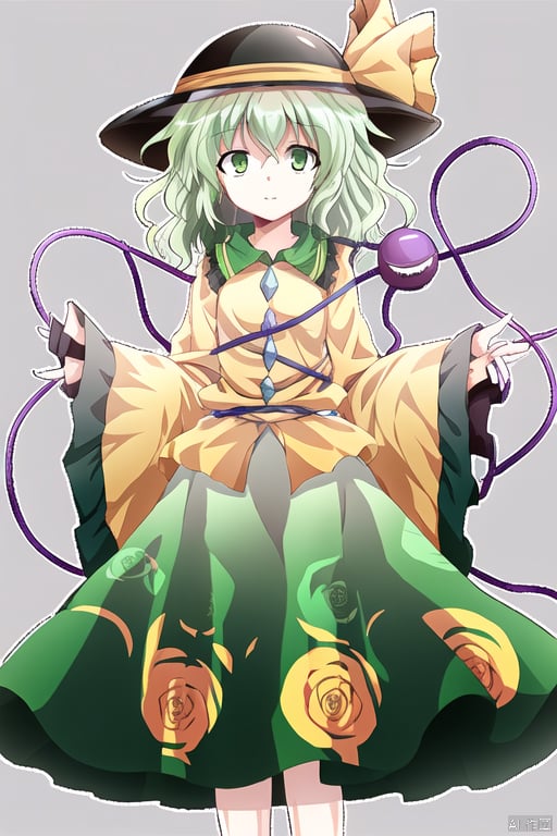 ,simple background,komeiji koishi,1girl, hat,hat bow,green hair,green eyes,yellow shirt,green skirt,,long sleeves, wide sleeves, floral print,third eye,eyeball,cute