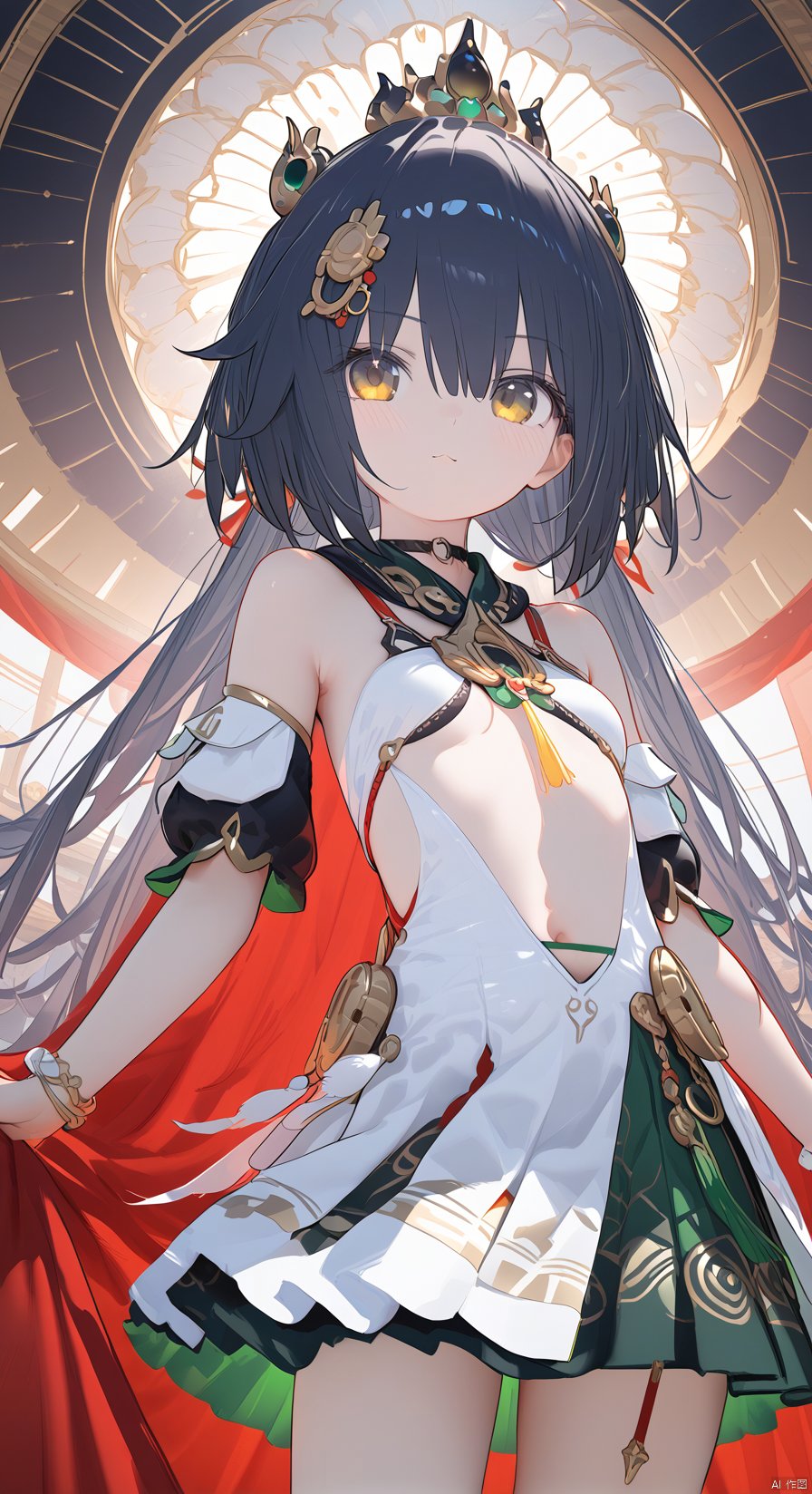 (score_9,score_8_up,score_7_up), (masterpiece),( beautiful),(high quality),(finely detailed),extremely detailed CG unity 8k wallpaper,best quality, 1girl, solo, long hair, breasts, looking at viewer, blush, bangs, skirt, hair ornament, navel, holding, hair between eyes, bare shoulders, twintails, jewelry, very long hair, closed mouth, blue hair, yellow eyes, cowboy shot, small breasts, sleeveless, choker, armpits, green skirt, white skirt,  detached sleeves, navel, black hair, red cape, yunliSR