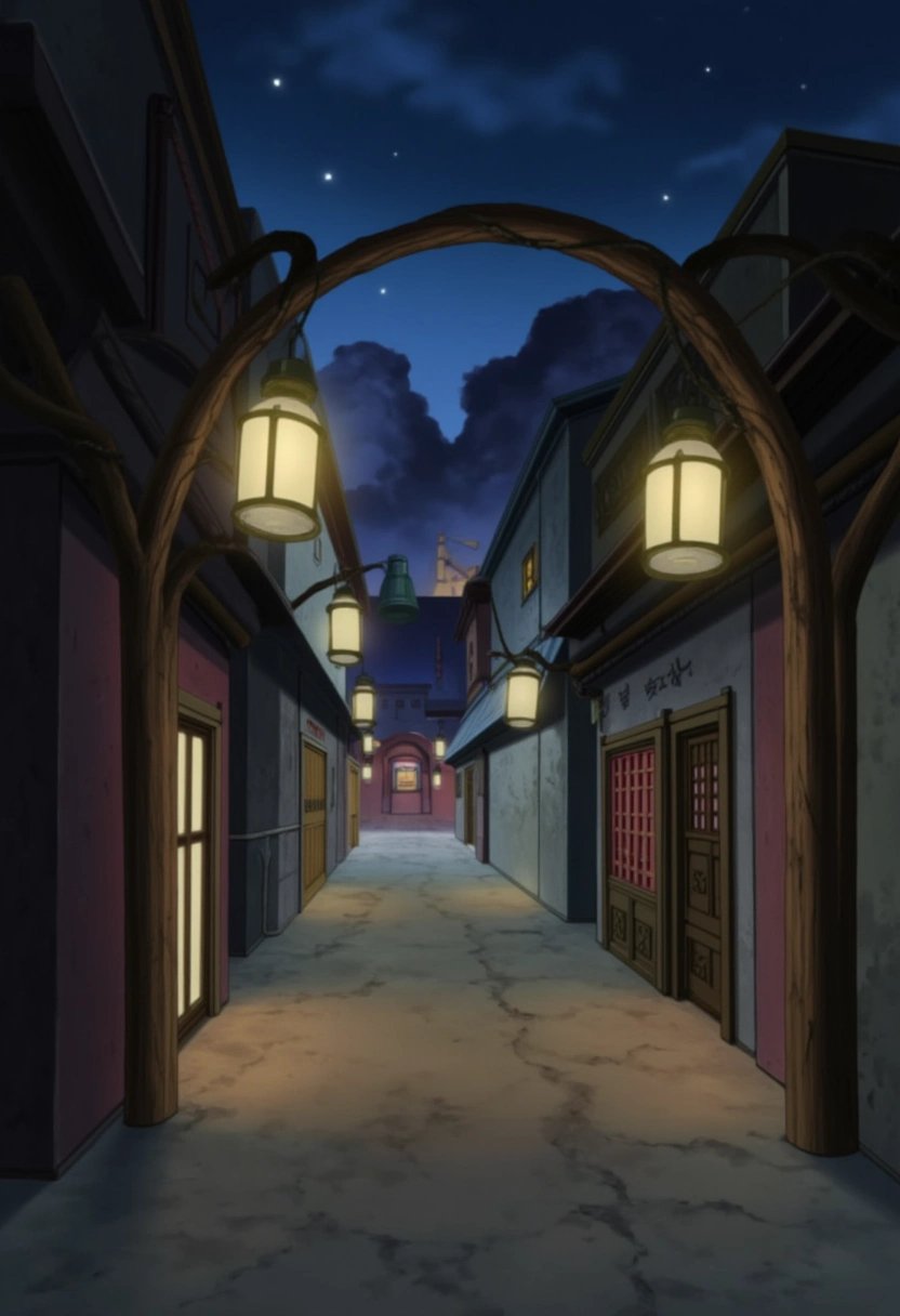 A quiet alleyway in Konohagakure from the Naruto series, illuminated by soft, warm lanterns hanging from wooden beams above. The narrow street is lined with weathered stone walls and small shops with intricate wooden doors, casting a serene atmosphere under the night sky.