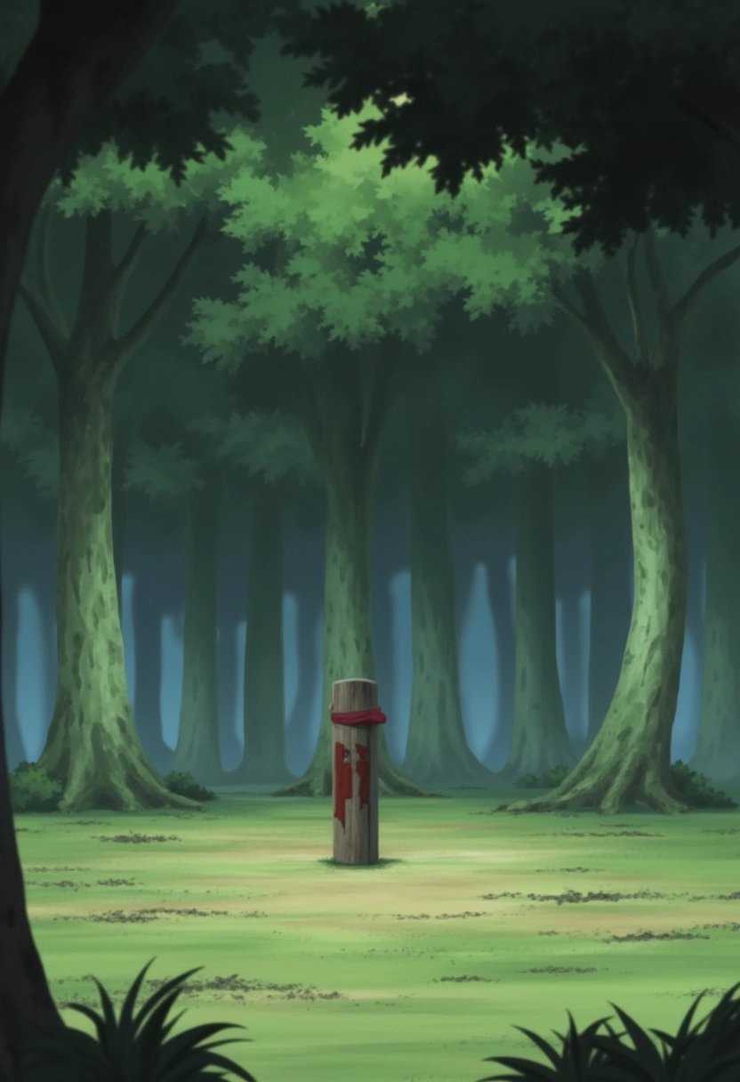 A training ground deep within the forests of Konohagakure from the Naruto series. The clearing is surrounded by tall trees with dense canopies, and a small, worn wooden post stands in the center, marked with cuts from countless ninja training sessions.