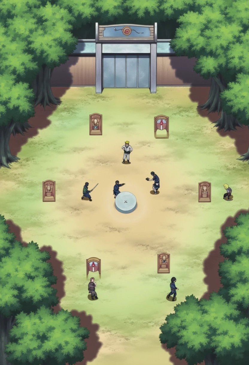 A bustling training ground within Konohagakure from the Naruto series, where ninja of all ages practice their skills. The area is alive with activity, with training dummies set up in various positions and kunai embedded in nearby wooden targets. Towering trees encircle the clearing, providing shade as ninjas spar under the midday sun