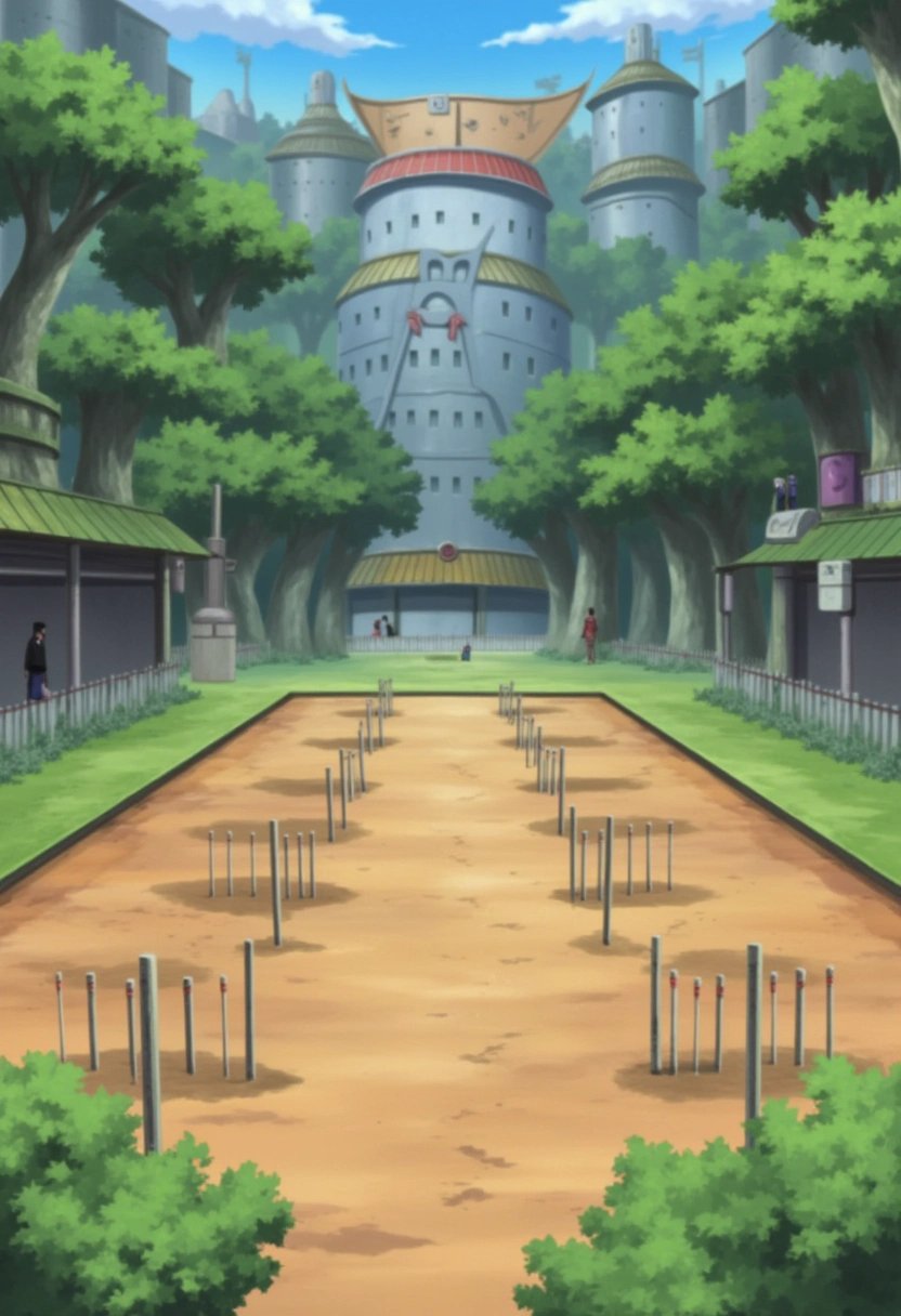 A secluded training ground on the outskirts of Konohagakure from the Naruto series, surrounded by towering cliffs and lush green vegetation. The area is marked by large wooden posts used for target practice, and the ground is scattered with kunai and shuriken embedded in the dirt from countless ninja drills.