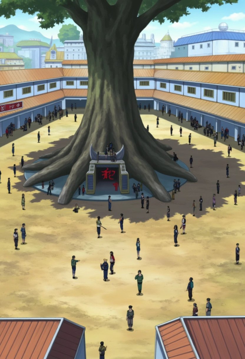 A busy training academy courtyard in Konohagakure from the Naruto series, filled with young ninjas practicing their techniques. The courtyard is bordered by traditional wooden buildings, and a large, ancient tree stands at its center, its roots sprawling out like veins across the ground