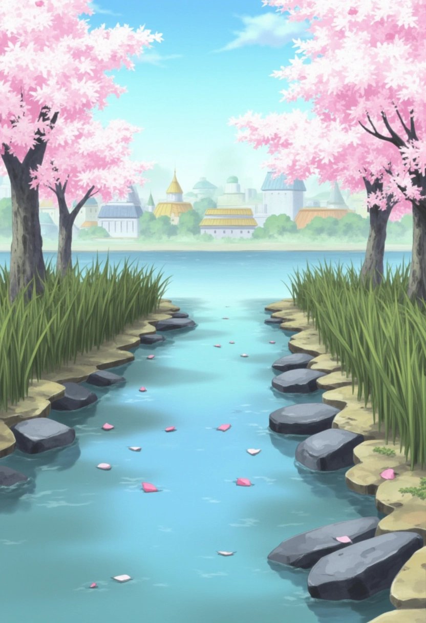 A peaceful riverbank at the edge of Konohagakure from the Naruto series, where clear water flows gently over smooth stones. Tall reeds line the shore, and cherry blossom petals drift lazily in the breeze, some landing on the waterâs surface. In the background, the villageâs rooftops can be seen beyond the trees.