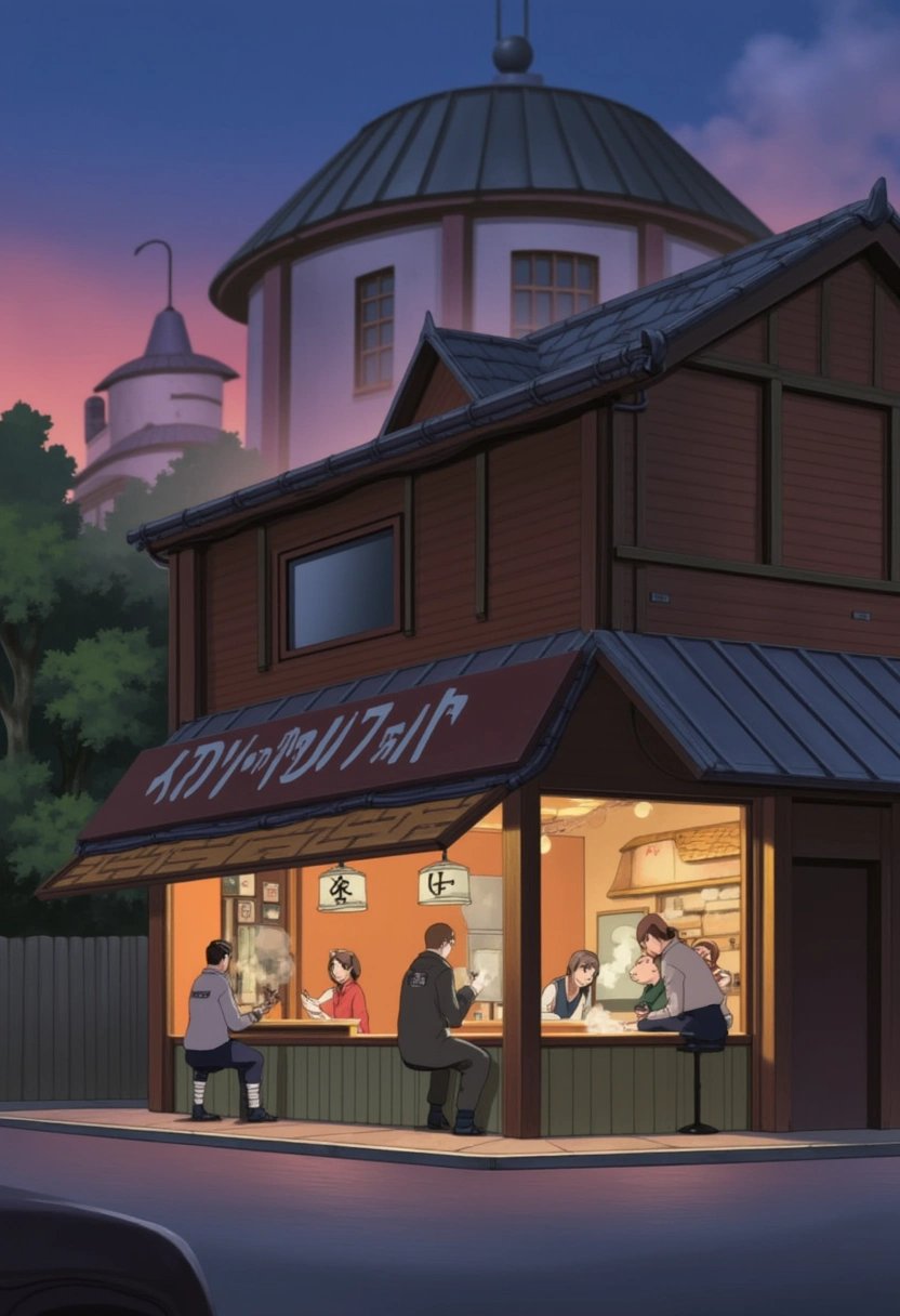 A small ramen shop in the heart of Konohagakure from the Naruto series, tucked away on a quiet street corner. The cozy wooden building glows warmly under the soft light of hanging lanterns, with steam rising from the shopâs open kitchen. A few villagers are seated at the counter, enjoying a meal as the sun sets.