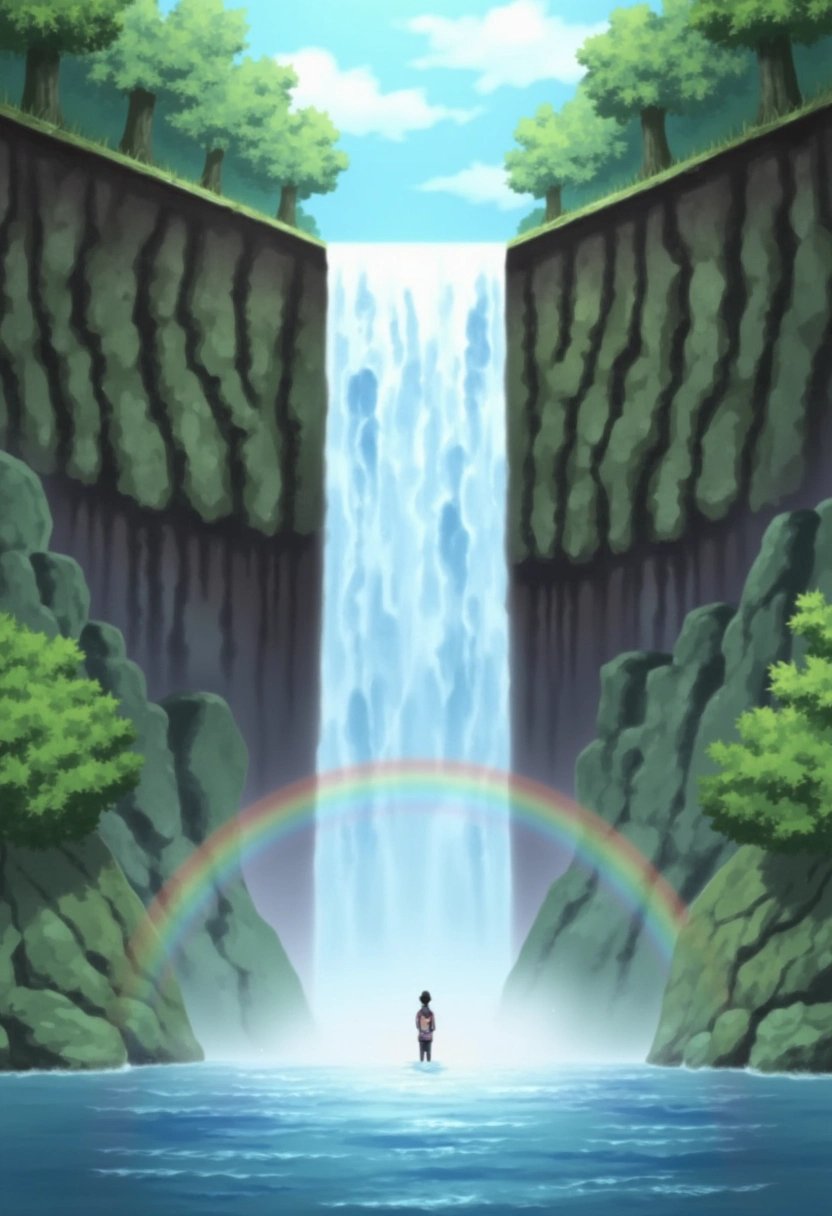 A scenic waterfall just outside Konohagakure from the Naruto series, cascading down from towering cliffs into a serene pool below. Moss-covered rocks surround the waterfall, and a rainbow forms in the mist where the water meets the sunlight. The air is filled with the sound of rushing water, creating a peaceful, meditative atmosphere