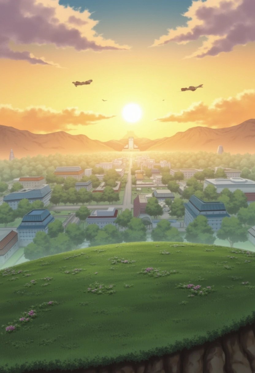 A windswept hilltop on the outskirts of Konohagakure from the Naruto series, overlooking the village below. The grassy hill is dotted with wildflowers, and in the distance, the distinct shapes of the villageâs buildings and the Hokage Monument can be seen, framed by a brilliant sunset.