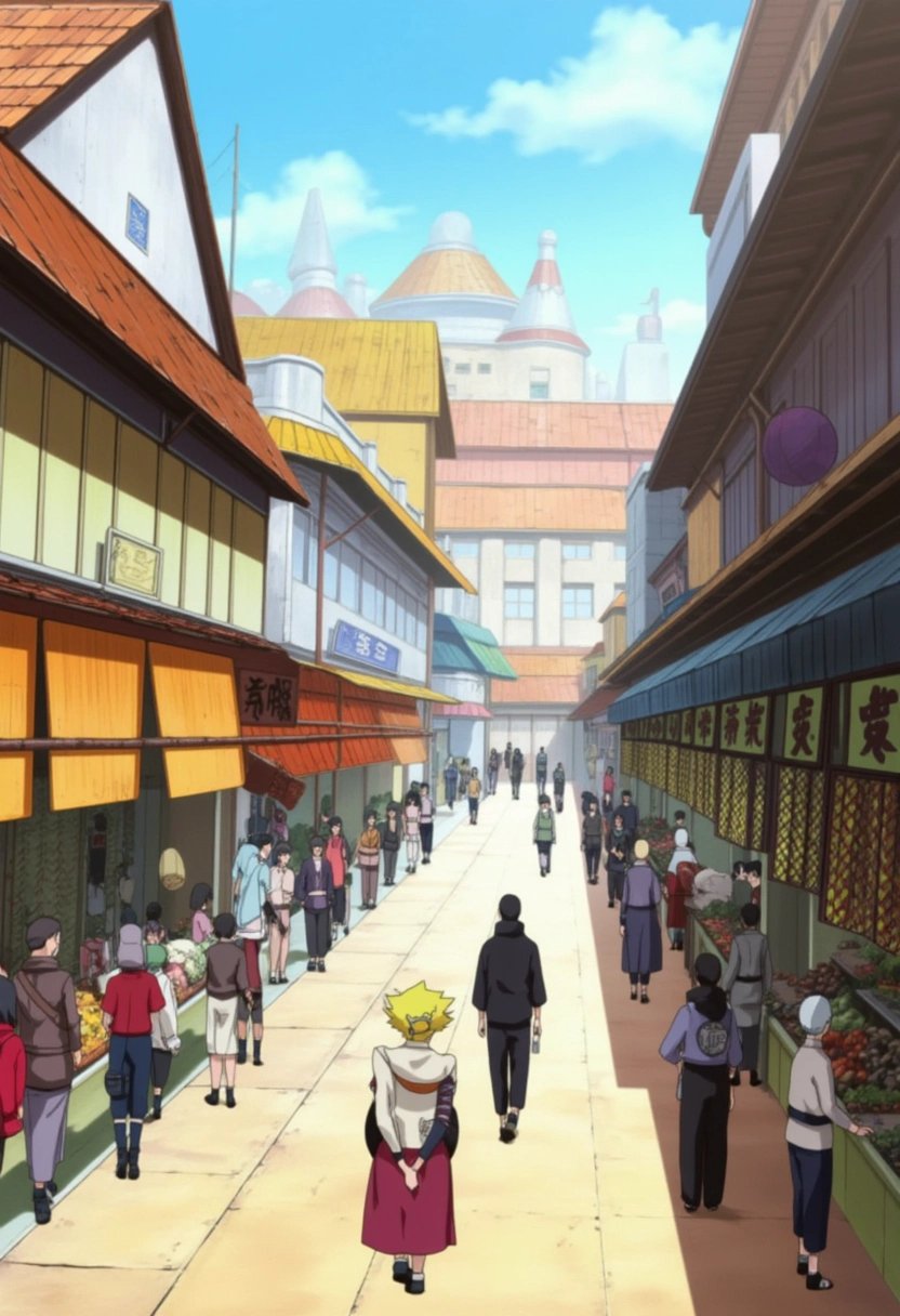 A bustling marketplace in Konohagakure from the Naruto series, with villagers going about their day. Stalls are lined with vibrant fabrics and fresh produce, while traditional Japanese buildings with sloped roofs form the backdrop. The scene captures the lively spirit of the Hidden Leaf Village, bathed in golden afternoon light.