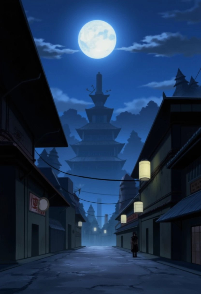 A moonlit night in Konohagakure from the Naruto series, with the full moon casting a soft, silvery light over the village. The shadowy outlines of traditional wooden buildings are illuminated by the glow of paper lanterns, and the Hokage Monument is silhouetted against the night sky. The streets are quiet, with only the sound of the wind rustling through the trees