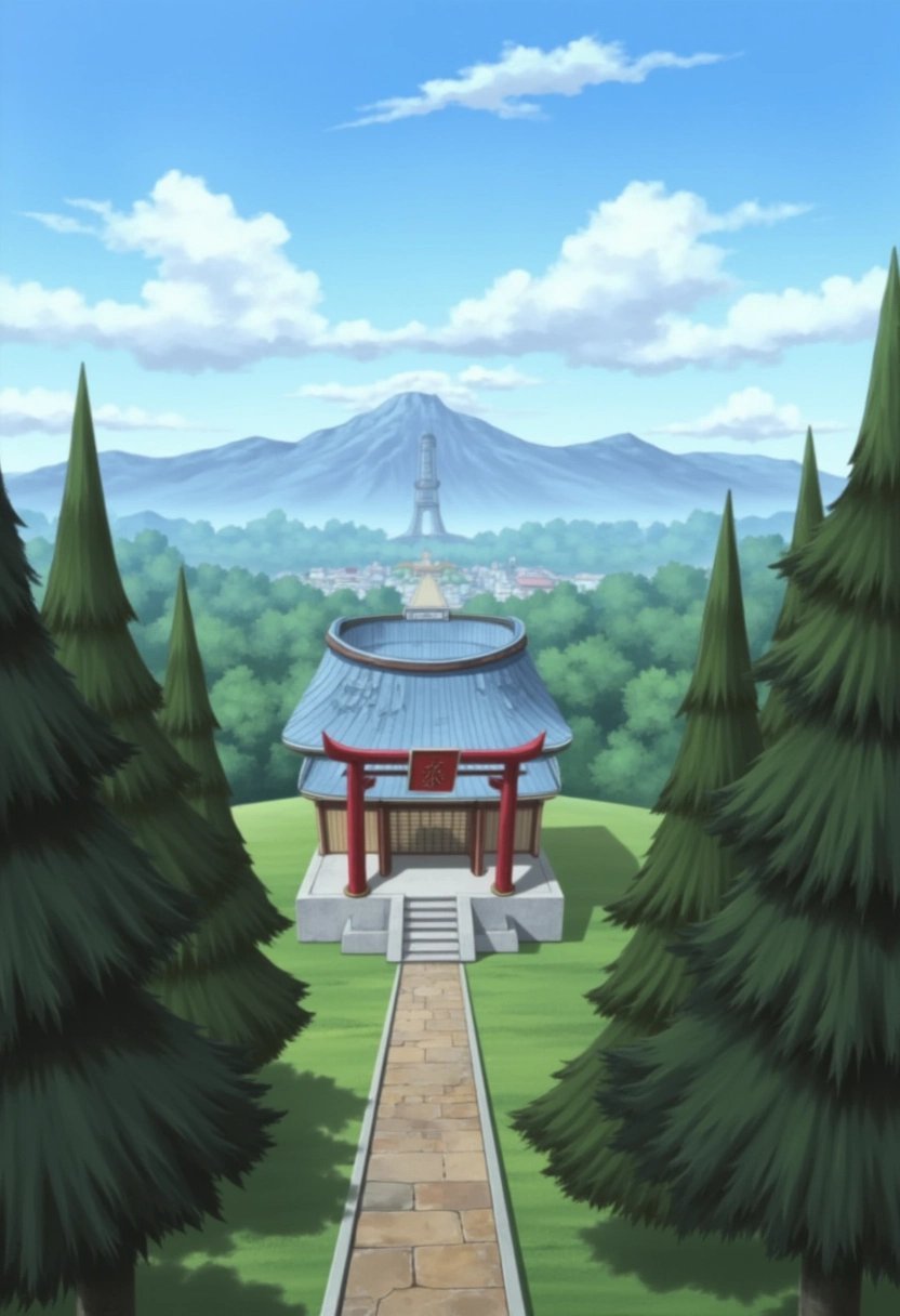 A mountaintop shrine overlooking Konohagakure from the Naruto series, with a breathtaking view of the village below. The shrine is nestled among tall cedar trees, and its red torii gate stands at the entrance to a stone path leading up the mountain. The clouds part to reveal the Hokage Monument in the distance.