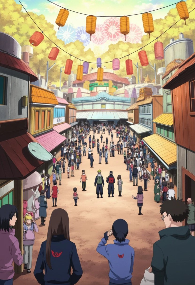 A lively festival in Konohagakure from the Naruto series, with colorful banners and paper lanterns strung across the streets. Villagers are gathered in the central square, enjoying games, food stalls, and performances. The atmosphere is joyful, with the village bathed in warm evening light as fireworks begin to light up the sky