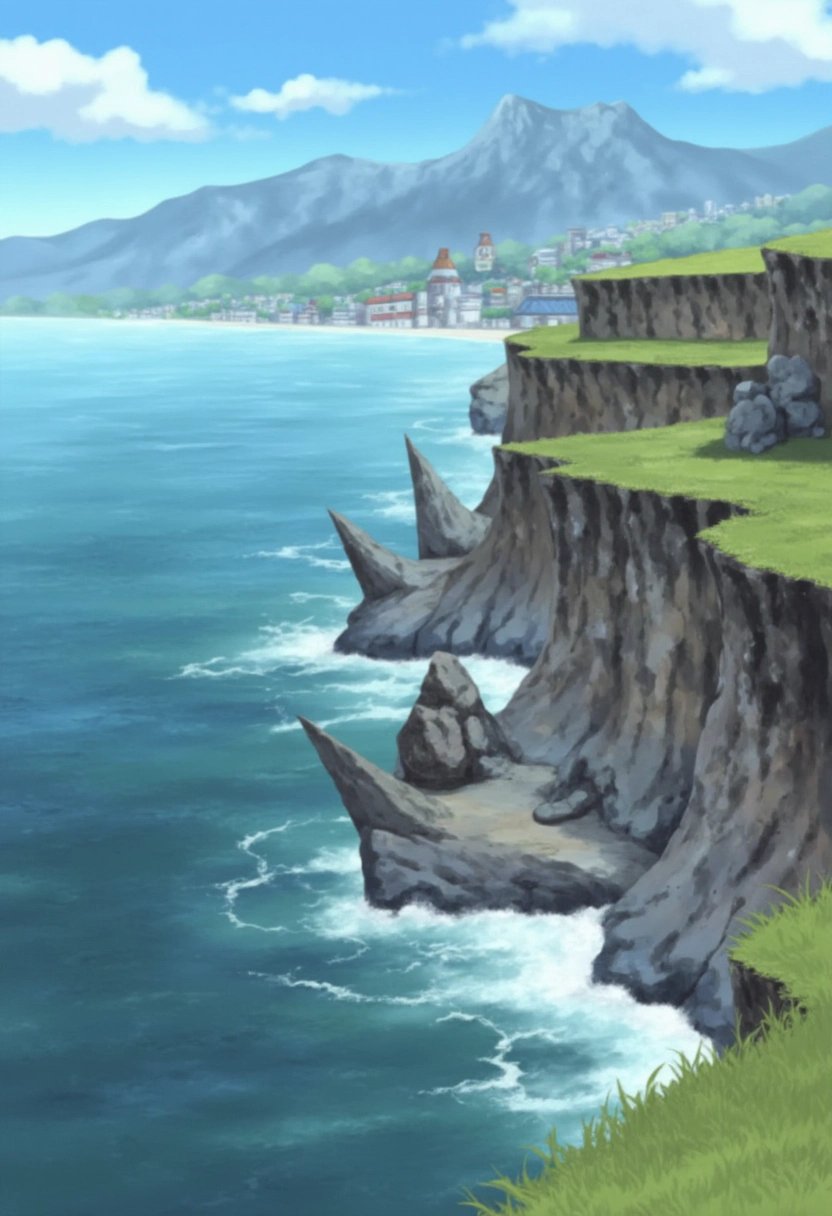 A windswept cliffside overlooking the ocean near Konohagakure from the Naruto series. The cliff is dotted with patches of wild grass, and jagged rocks protrude from the turbulent waters below. In the distance, the village can be seen nestled between the mountains, with the iconic Hokage Monument standing tall against the sky.