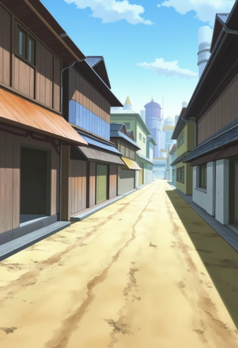 A peaceful, narrow street in the Hidden Leaf Village, with traditional Japanese buildings on either side. The sandy road is lined with wooden beams and tiled roofs, the earthy tones of brown, gray, and light blue blending harmoniously with the vibrant anime style.