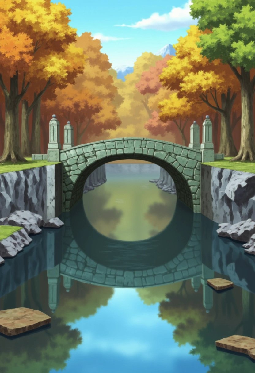 An ancient stone bridge in Konohagakure from the Naruto series, spanning a calm river that reflects the vibrant colors of the surrounding autumn forest. The bridge is worn with age, covered in patches of moss and ivy, while stone lanterns stand at its entrance, giving the scene a mystical, timeless feel.