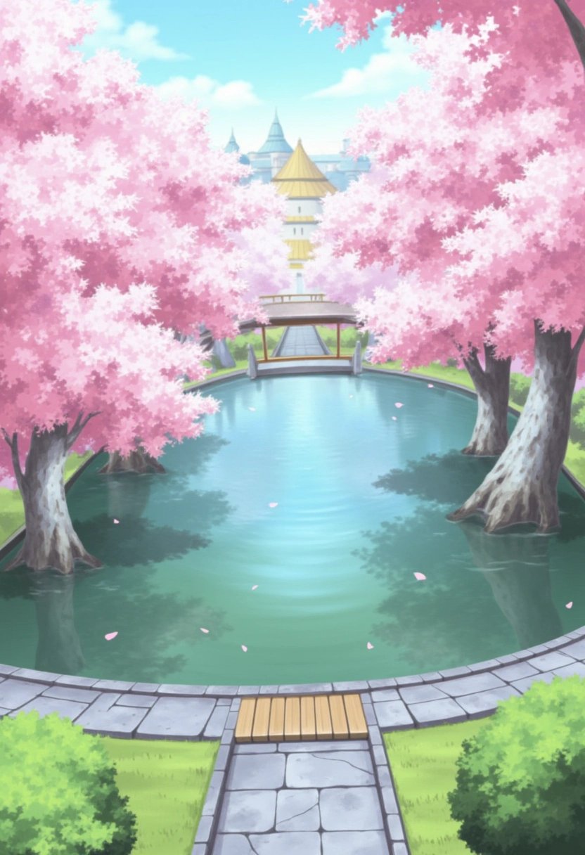 A tranquil pond in the heart of Konohagakure from the Naruto series, surrounded by cherry blossom trees in full bloom. The water reflects the pink petals gently falling from the branches, while a small stone path winds around the pond, leading to a quaint wooden bridge.