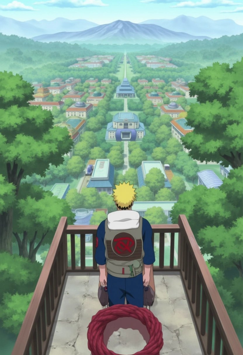 A scenic view from the top of Hokage Rock in the Naruto series, overlooking the sprawling Hidden Leaf Village. The village below is a mix of lush greenery and traditional Japanese architecture, with tall trees and tiled roofs scattered across the landscape, framed by distant mountains.