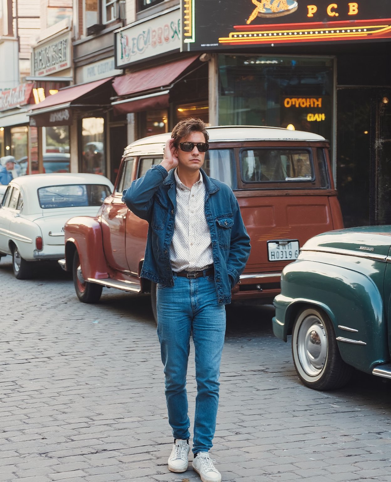 retro style, Captured at eye-level, a man stands on a cobblestone street, dressed in a blue denim jacket, white polka dot shirt, blue jeans, and white Nike sneakers. He is holding his right hand up to his face, while wearing a pair of sunglasses. The sunglasses are tinted black, adding a pop of color to the scene. In the background, a white car is parked on the street, and a brown and white truck is parked in front of a building. The building has a sign that reads "MOTEL" in yellow letters, with an arrow pointing to the right