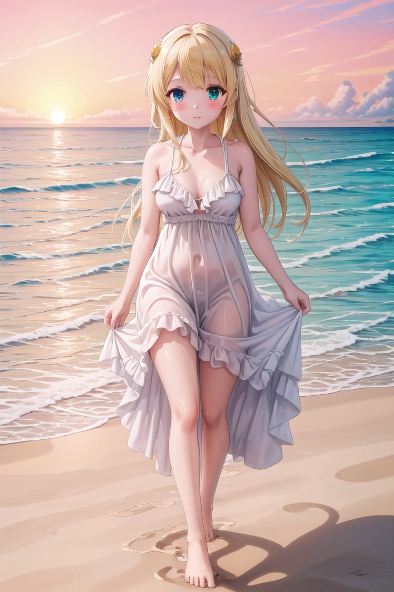 Yumina walking barefoot on the beach during sunset, with the ocean in the background. She is wearing a flowing white summer dress, her chest-length blonde hair moving gently in the breeze, and her heterochromic eyes (one blue, one green) reflecting the warm sunlight. Her skin has a golden glow from the setting sun. The sky is filled with soft orange and pink hues. There are footprints in the sand, and the water is gently lapping at her feet.
