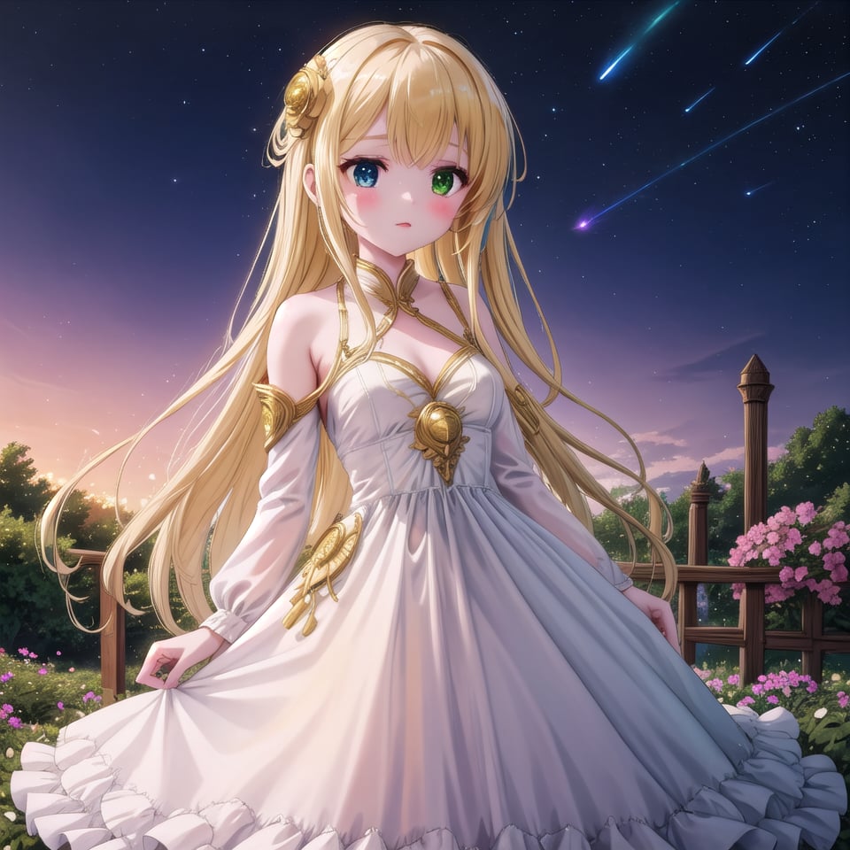 Yumina standing in a magical floating garden. The garden is suspended in the air, with flowers and vines floating around it in zero gravity. She wears a long, flowing dress with intricate gold embroidery and her golden hair shines with a soft ethereal light. Her heterochromatic eyes (one blue, one green) glow with magical energy and she is surrounded by glowing particles of light. The surrounding sky is a vibrant mix of pinks, blues and purples, with distant stars visible in the background. Runes and magical symbols float around her, and the entire scene has a surreal, dreamlike quality.