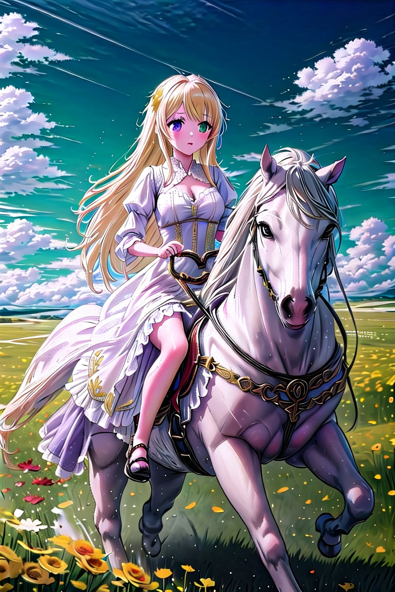 Yumina rides a white horse through a vast field of colorful flowers and wears a flowy purple dress. Her golden hair is loose, cascading down her back, and her heterochromatic eyes (one blue, one green) are focused on the horizon. The horse gallops at full speed and the flowers blur in the background as the wind speeds past. The sky is clear with some clouds and the sunlight reflects on her dress and hair, creating a majestic scene. His stance is strong and elegant, the reins clenched tightly in one hand.