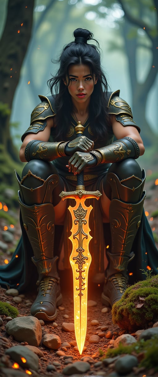 A fierce sexy  japanese female warrior crouched low, gripping a long, ornate sword with both hands, illuminated by a fiery orange aura that highlights intricate golden designs on the blade and hilt; rugged expression, dark tousled hair flowing freely, clad in elaborate metallic armor with a dark cloak draping over his back; misty twilight forest background with dark looming trees, smoky ethereal air, glowing embers and sparks around; earthy browns, oranges, and golds dominate the scene, contrasting with cooler dark greens and grays of the forest, creating a mystical, intense atmosphere,jisosmile,ct-kbright