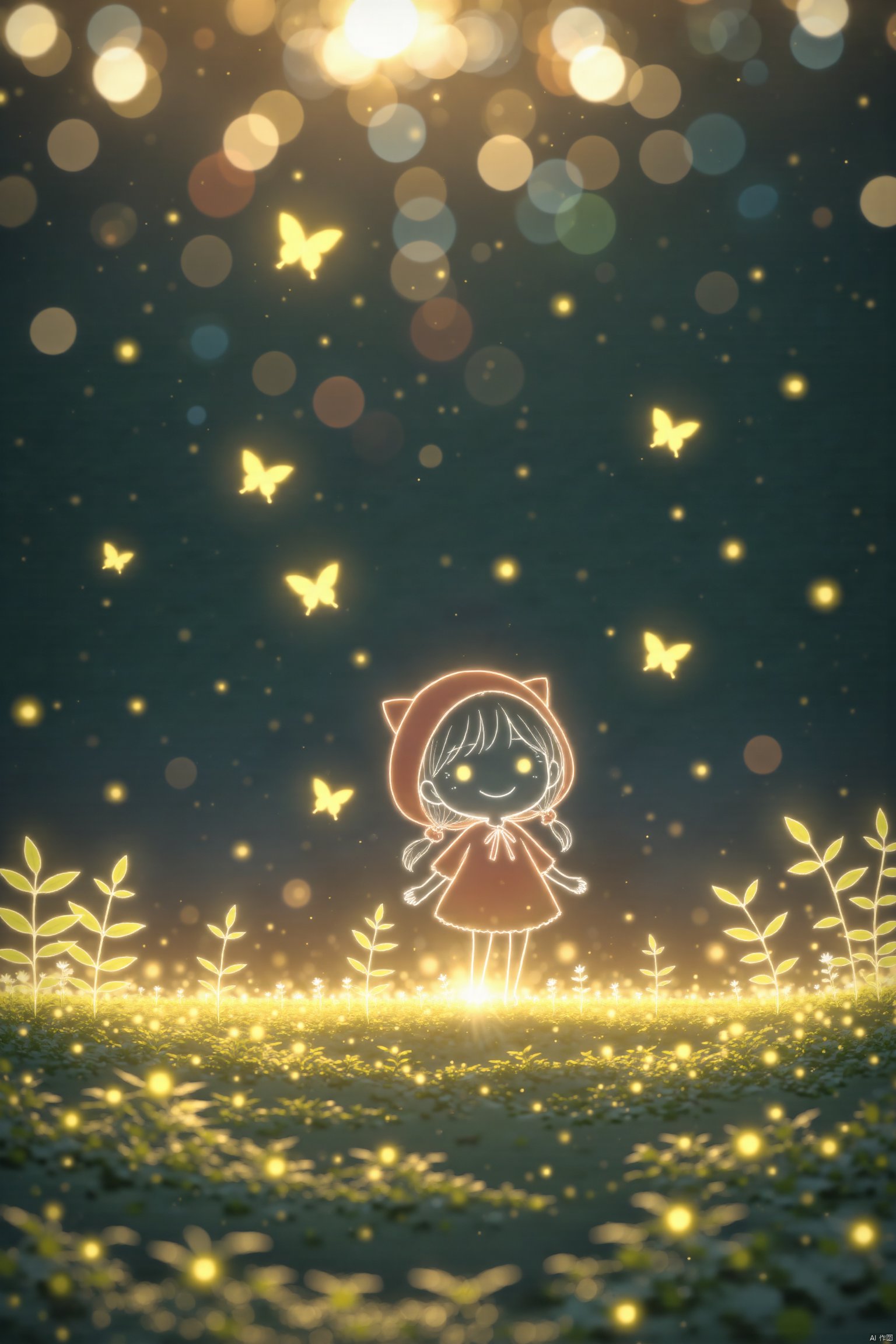 light line art, cute cartoon, fluorescent, hazy light, as if entering a fairy tale, dark warm colors, light and shadow contrast, highlights, clear outline, a little red riding hood girl in the flowers and grass, butterflies flying