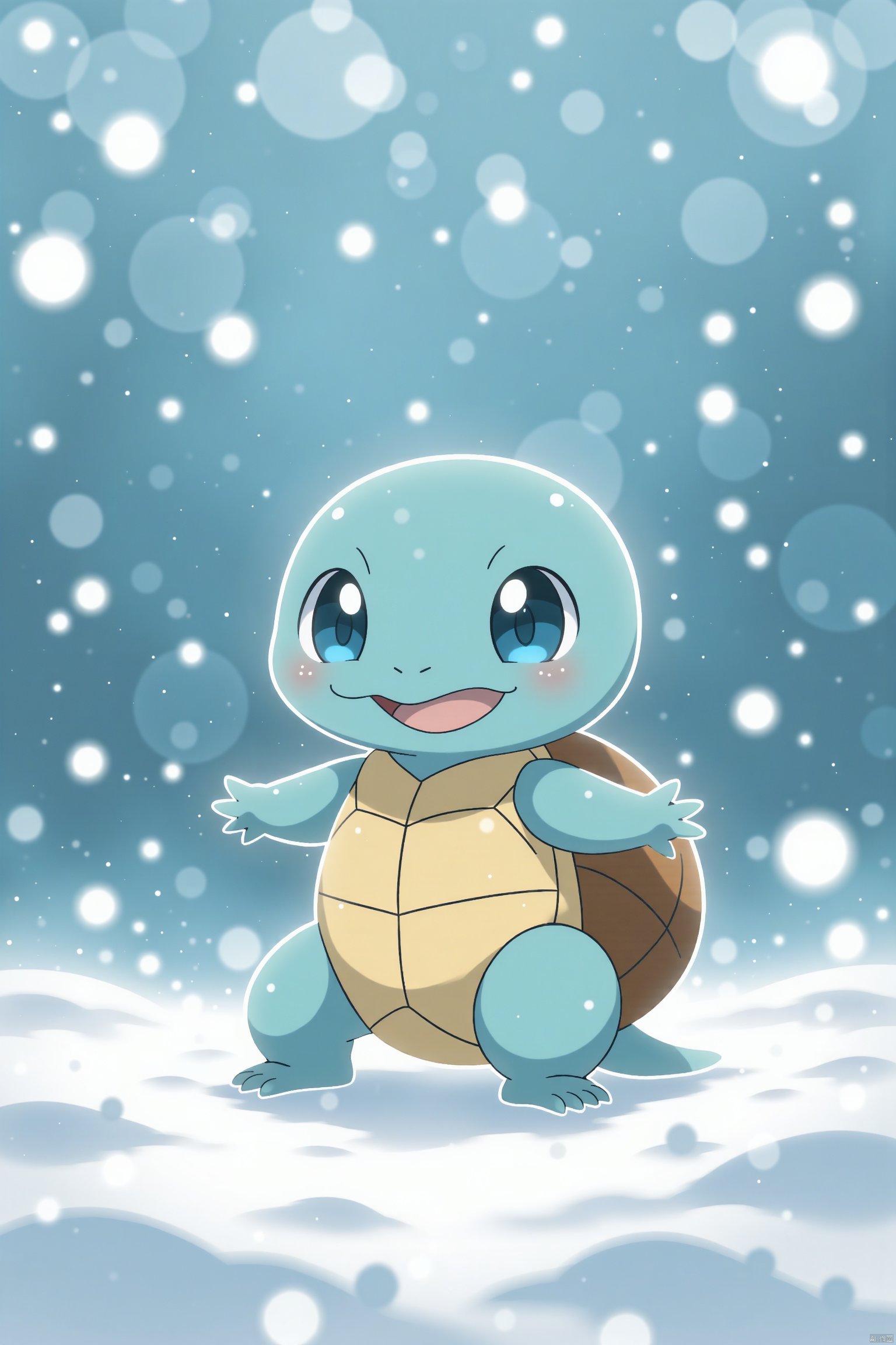  light line art, Squirtle in the snow, a cute Pokémon in a Disney style with cute big eyes and a happy smile, like a cartoon character, in pastel colors, on a simple background, shot full body, shot with a wide angle lens , in ultra-high definition.