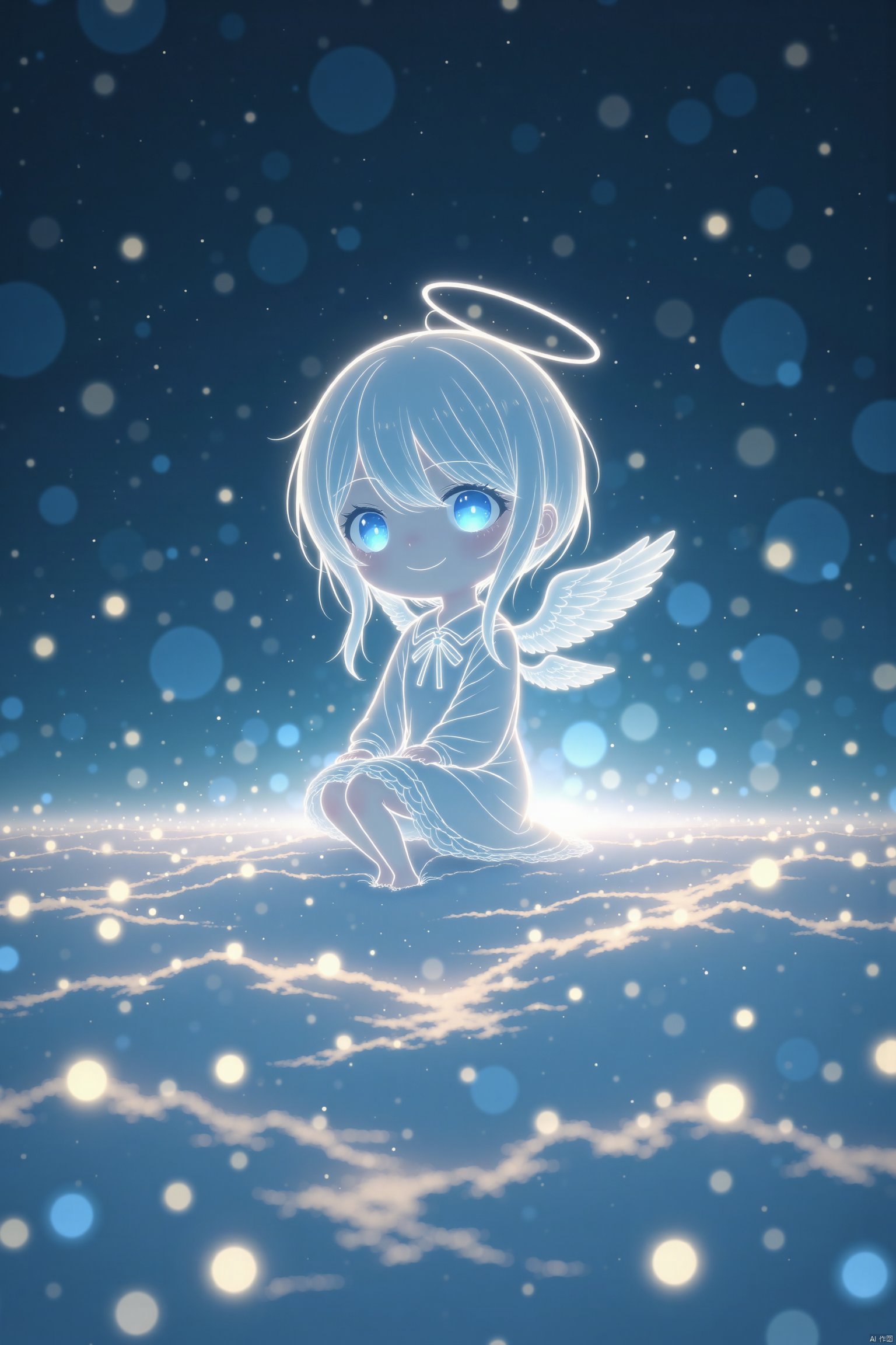 light line art,A whimsical illustration of a young girl with wings,floating on an ethereal cloud amidst sparkling lights.,