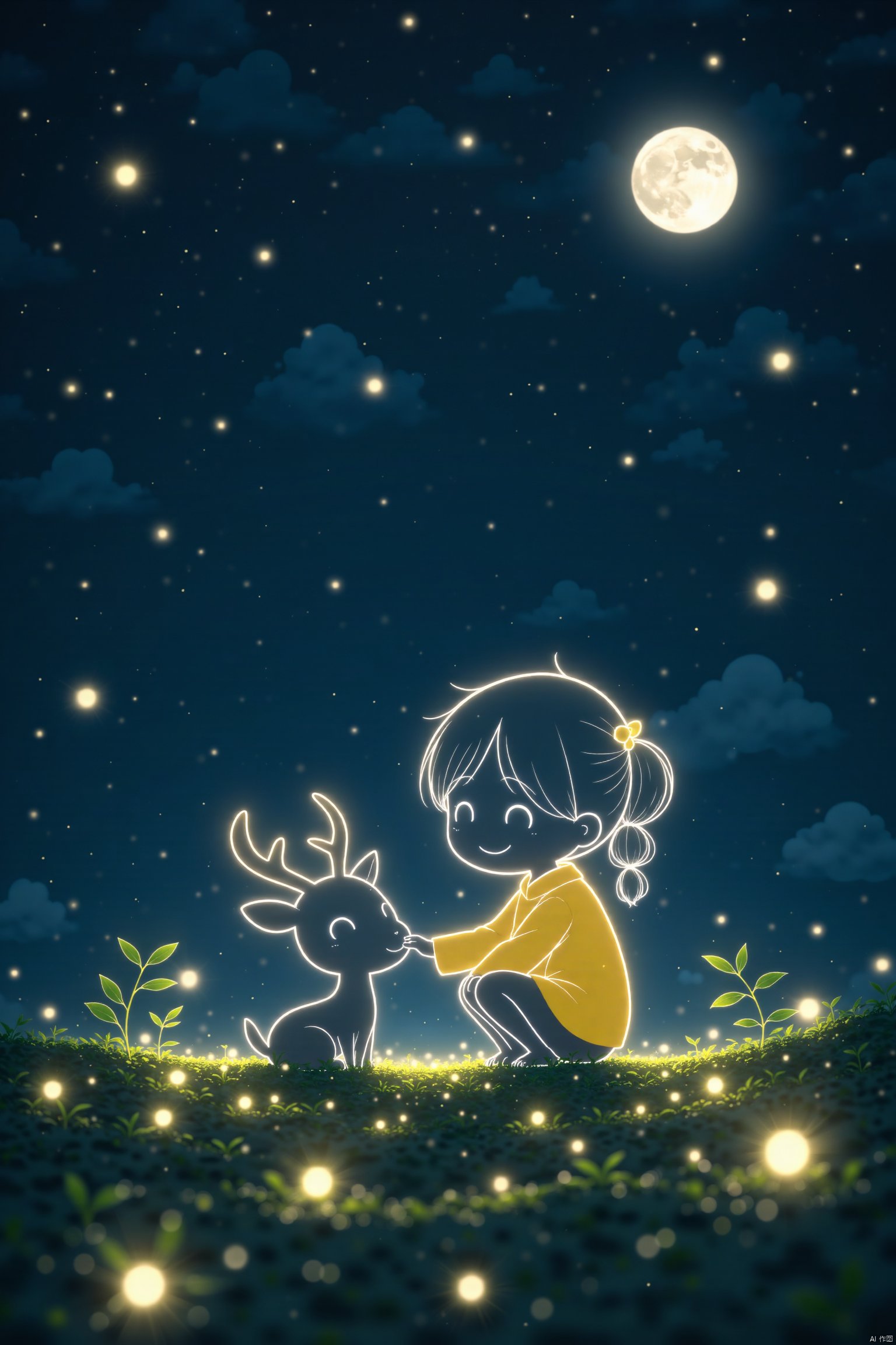 light line art, wool felt texture, at night, under the starry sky, in the forest, a little girl wearing yellow clothes, with cute hairpins, squatting on the ground, stroking a deer, tiny particles glow, perfect composition,