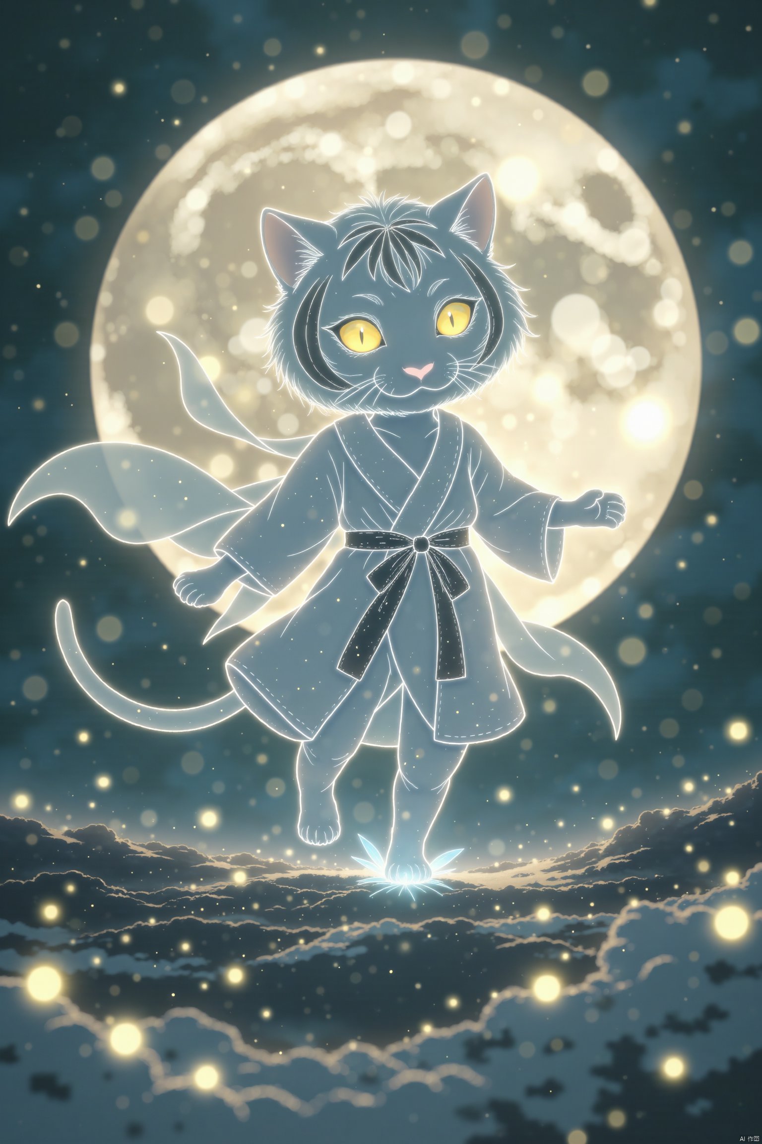 light line art, animal portrait, Kodak film texture, a white tiger with light eyes, wearing the clothes of Chang'e Fairy, with a fluffy belly, flying towards the direction of the moon, the gauze wrapped around him, elegant and mysterious , dreamy, side lighting, fairy spirit floating in the air, a round full moon behind