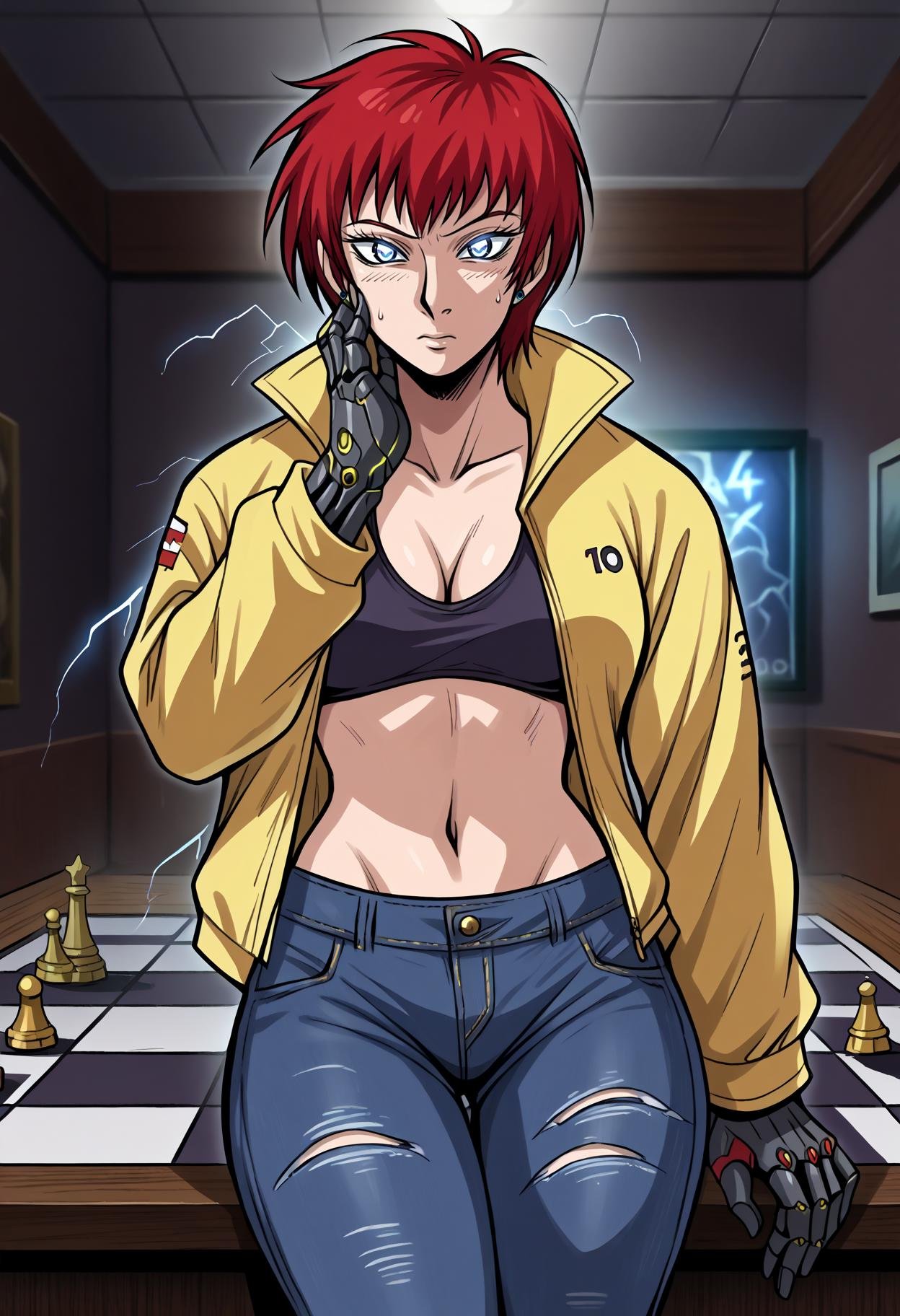 score_9, score_8_up,score_7_up, source_anime, 1girl, solo, <lora:akwmk_pdxl_EliPot:1>, akwmk, tomboy, short hair, red hair, blue eyes,stud earrings, jewelry,  electrokinesis, electricity, mechanical gloves, black and yellow cyberpunk jacket, asymmetrical pants jeans, midrif, lowleg pants, single bare leg, bikini_top_only, glowing eyes, glowing hair strands, cybernetics, technomancer, navel, torn jeans, open jacket,bedroom, night, cold colors, dark indoors, lights off,strategizing, chessboard, thoughtful expression, hand on cheek, focused eyes, planning,