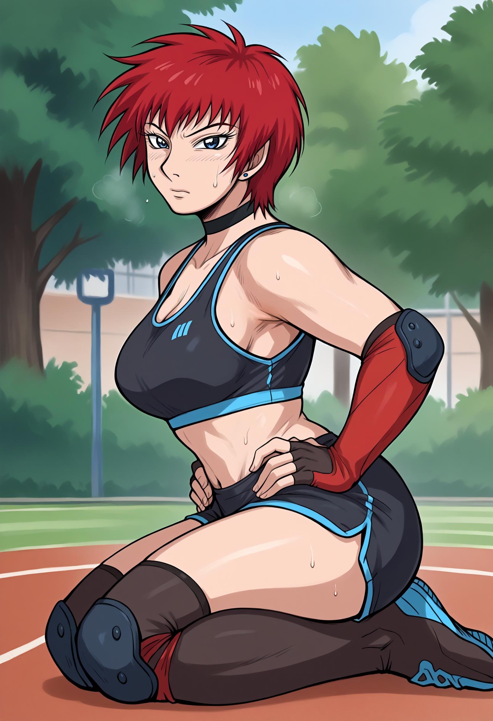 score_9, score_8_up,score_7_up, source_anime, 1girl, solo, <lora:akwmk_pdxl_EliPot:1>, akwmk, tomboy, short hair, red hair, blue eyes,stud earrings, jewelry,  black choker, black sports bra, black shorts, sports shorts, elbow pads, fingerless gloves, black thighhighs, knee pads, sweat, (bursting breasts:0.7), looking at viewer, hands on hips, kneeling, from side, three-quarter view, outdoors, park, gym equipment,