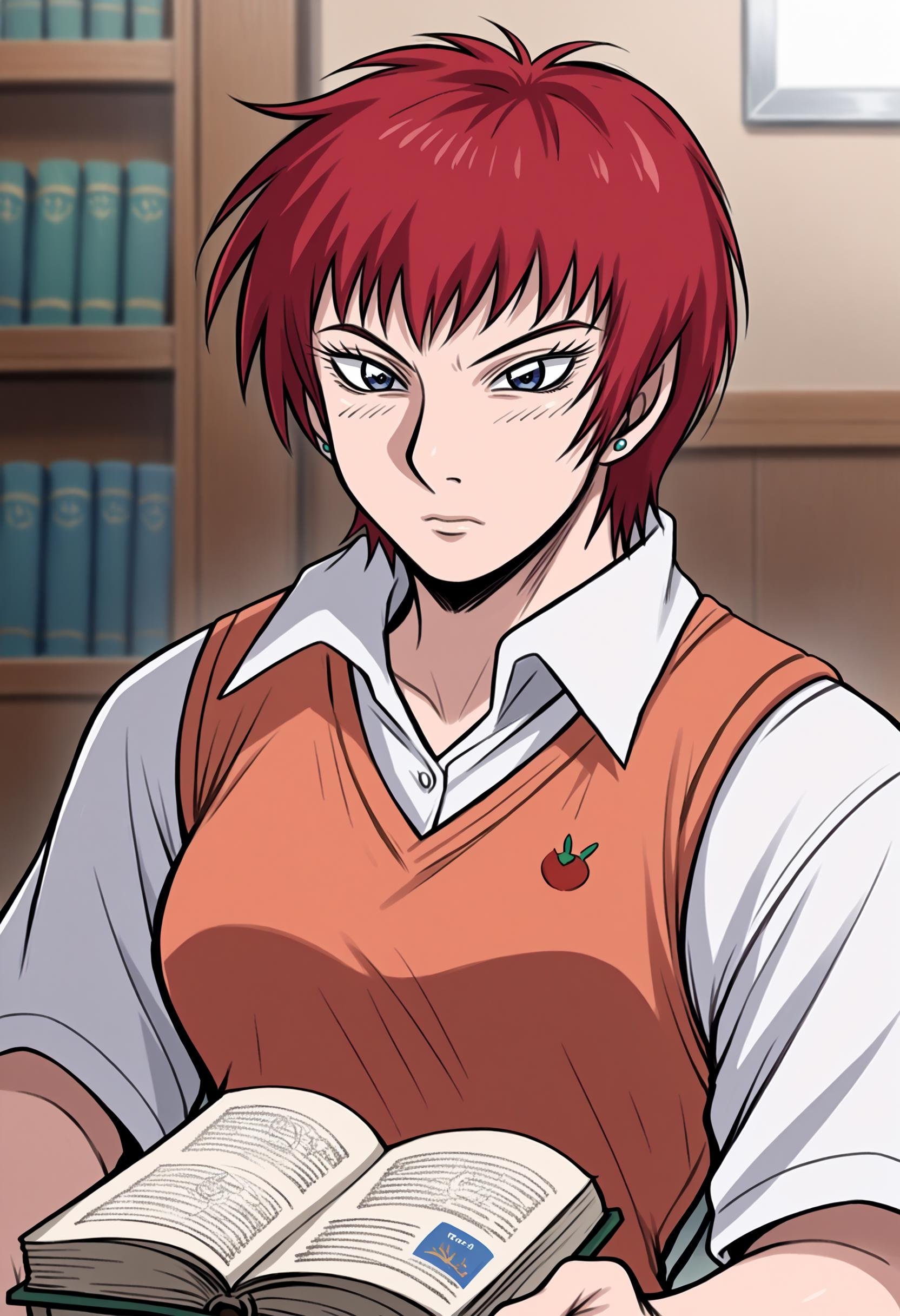 score_9, score_8_up,score_7_up, source_anime, 1girl, solo, <lora:akwmk_pdxl_EliPot:1>, akwmk, tomboy, short hair, red hair, blue eyes,stud earrings, jewelry,  sweater vest, indoors, book, thoughtful