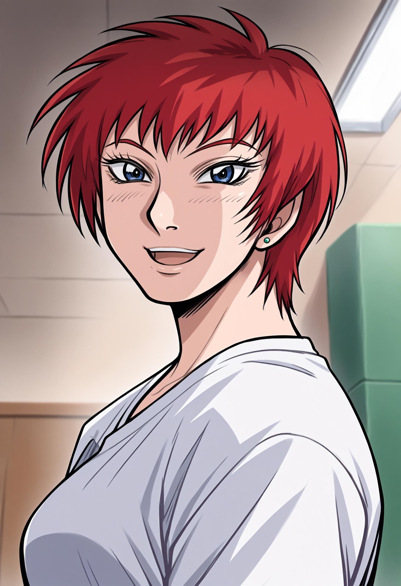 score_9, score_8_up,score_7_up, source_anime, 1girl, solo, <lora:akwmk_pdxl_EliPot:1>, akwmk, tomboy, short hair, red hair, blue eyes,stud earrings, jewelry,  looking at viewer, smile, shirt, upper body, open mouth, indoors