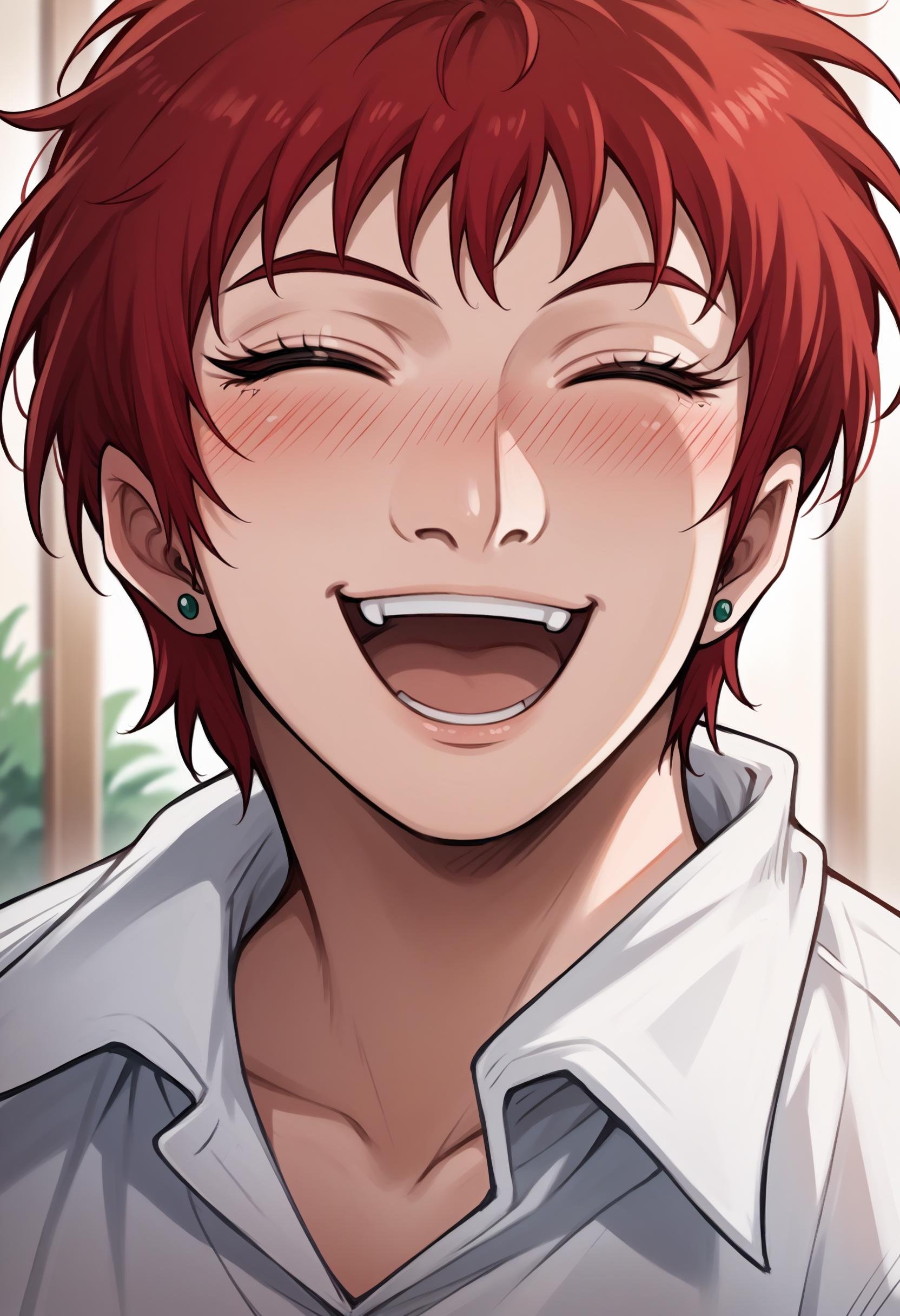 score_9, score_8_up,score_7_up, 1girl, solo, akmktb,tomboy, short hair, red hair, stud earrings, jewelry, white shirt, collared shirt, collarbone, closed eyes, smile, happy, open mouth, upper teeth only, blush, portrait, close-up,<lora:akwmk_pdxl_EliPot_V2:1> 