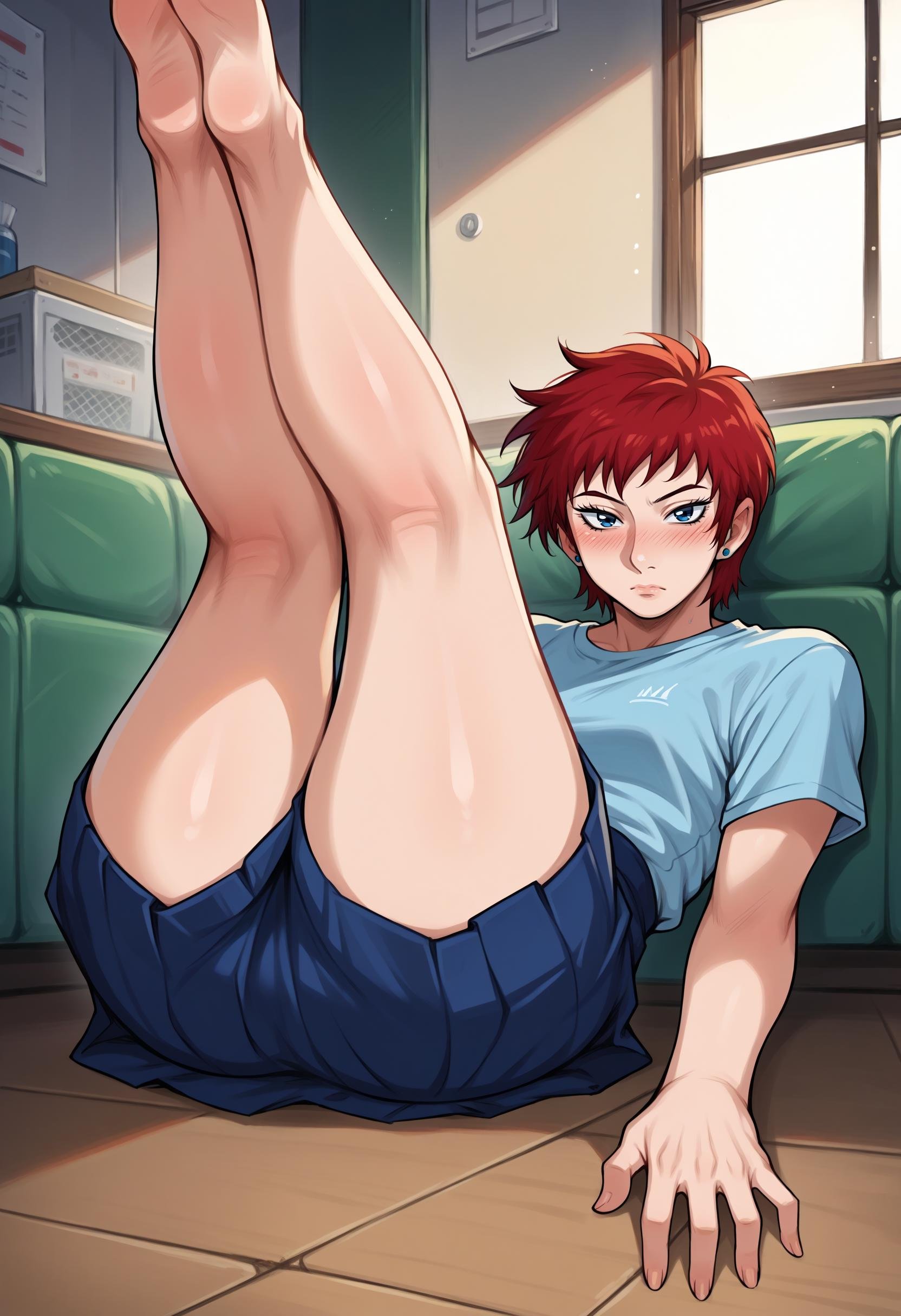 score_9, score_8_up,score_7_up, 1girl, solo, akmktb, tomboy, short hair, red hair, blue eyes,stud earrings, jewelry, sitting, skirt, legs up, blush, looking at viewer, indoors, full body<lora:akwmk_pdxl_EliPot_V2:1> 