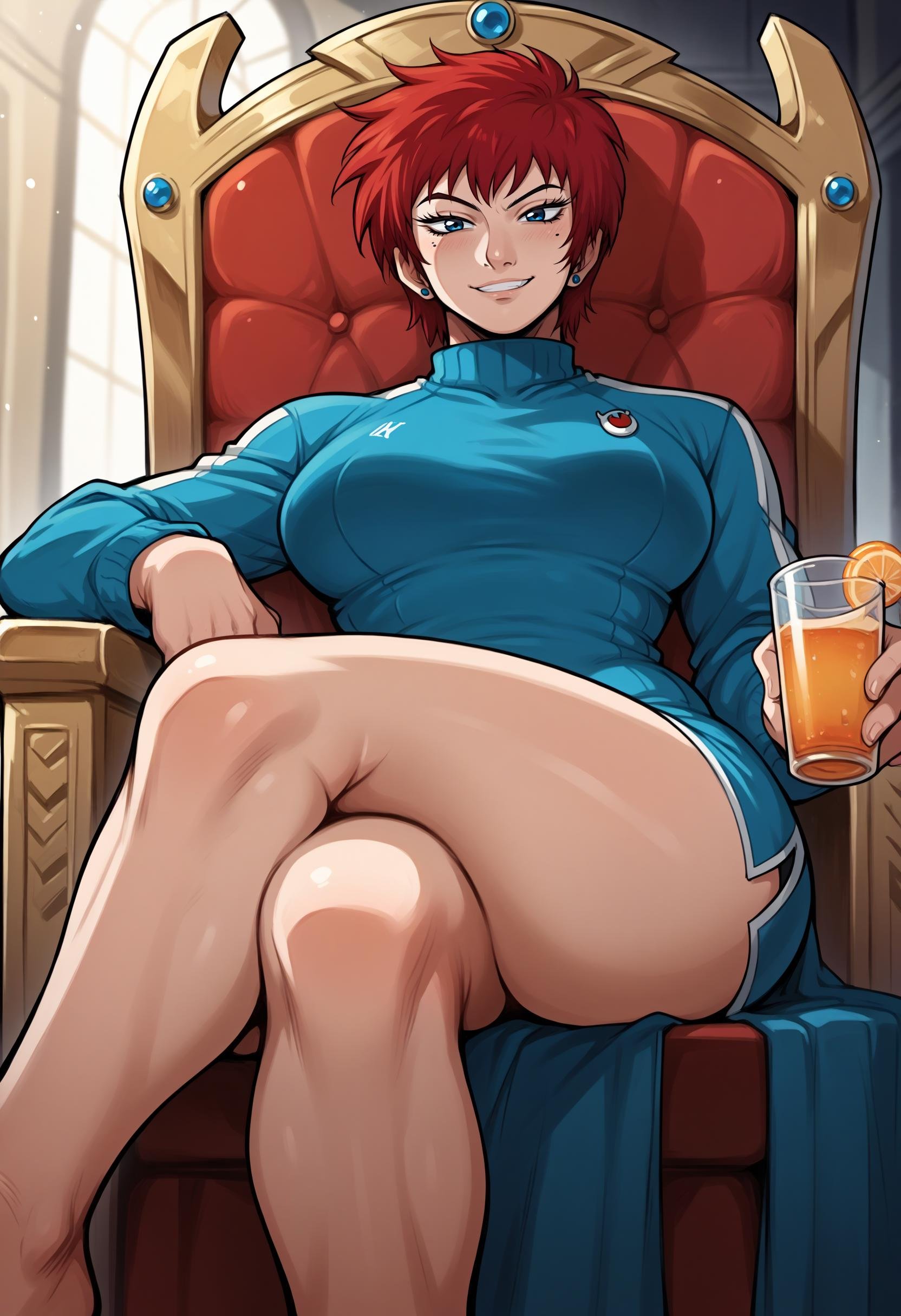 score_9, score_8_up,score_7_up, 1girl, solo, akmktb, tomboy, short hair, red hair, blue eyes,stud earrings, jewelry, skindentation,sitting on throne,from below,holding beverage,curvy,crossed legs,smirk,<lora:akwmk_pdxl_EliPot_V2:1> 