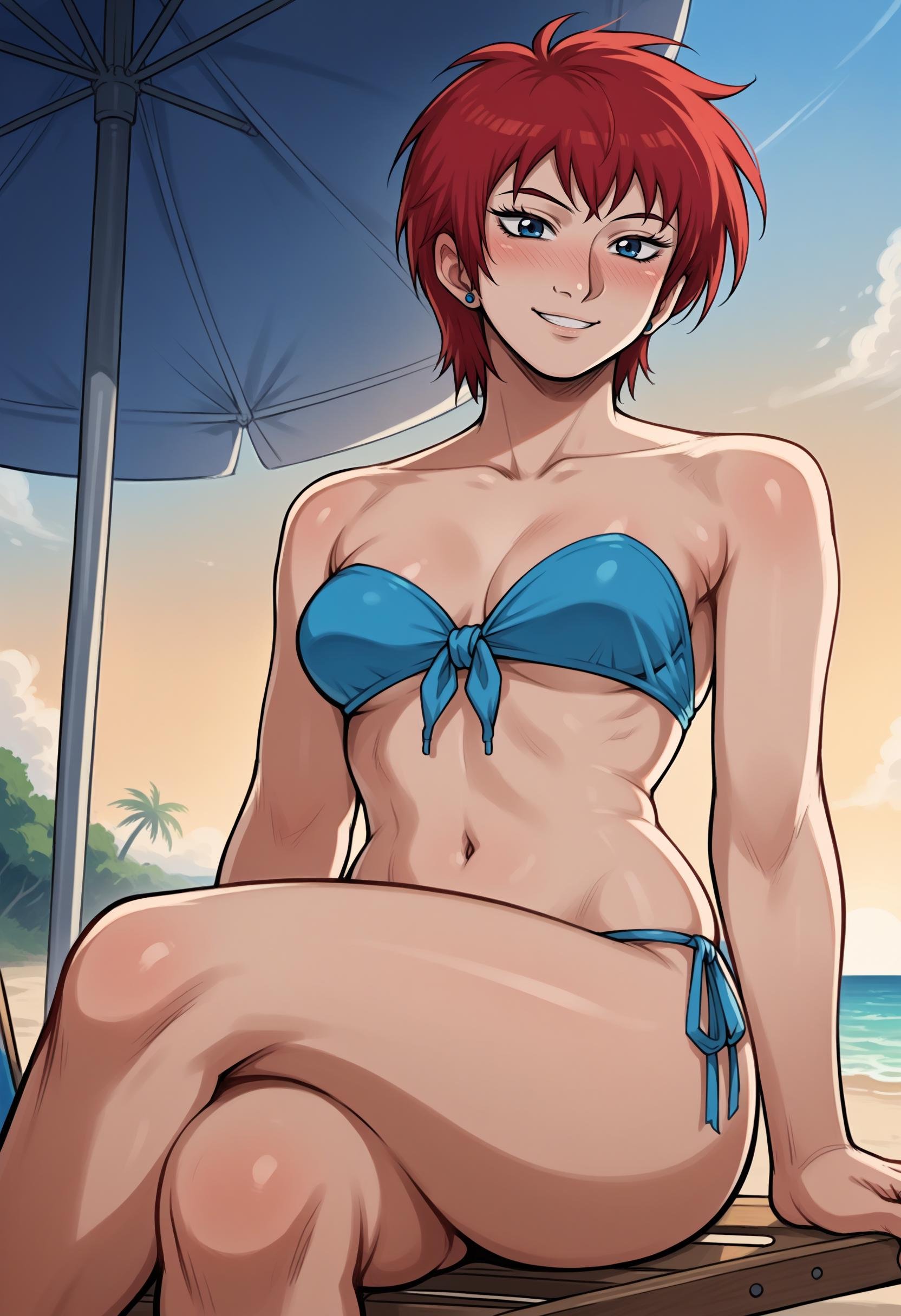 score_9, score_8_up,score_7_up, 1girl, solo, akmktb, tomboy, short hair, red hair, blue eyes,stud earrings, jewelry,bikini , side-tie bikini bottom, front-tie top, collarbone, strapless, blue bikini,sitting on sunchair,from below,crossed legs,shy, smile, blush, beach, ocean, sunset, reflection,<lora:akwmk_pdxl_EliPot_V2:1> 