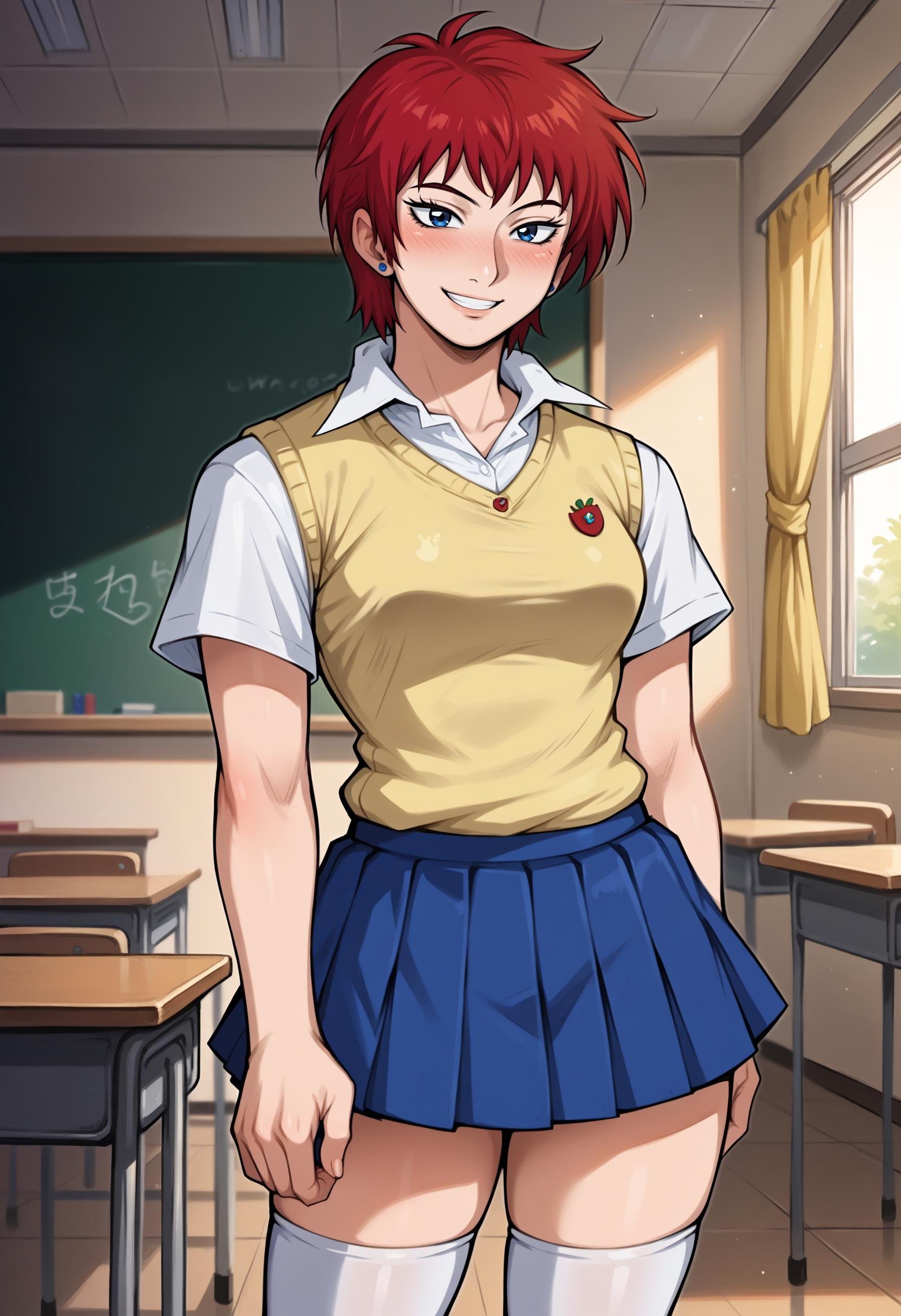 score_9, score_8_up,score_7_up, 1girl, solo, akmktb, tomboy, short hair, red hair, blue eyes,stud earrings, jewelry, collared shirt, white shirt, yellow sweater vest, short sleeves, blue skirt, pleated skirt, miniskirt, white legwear, kneehighs, skirt, school uniform, standing, smile, blush, classroom,<lora:akwmk_pdxl_EliPot_V2:1> 