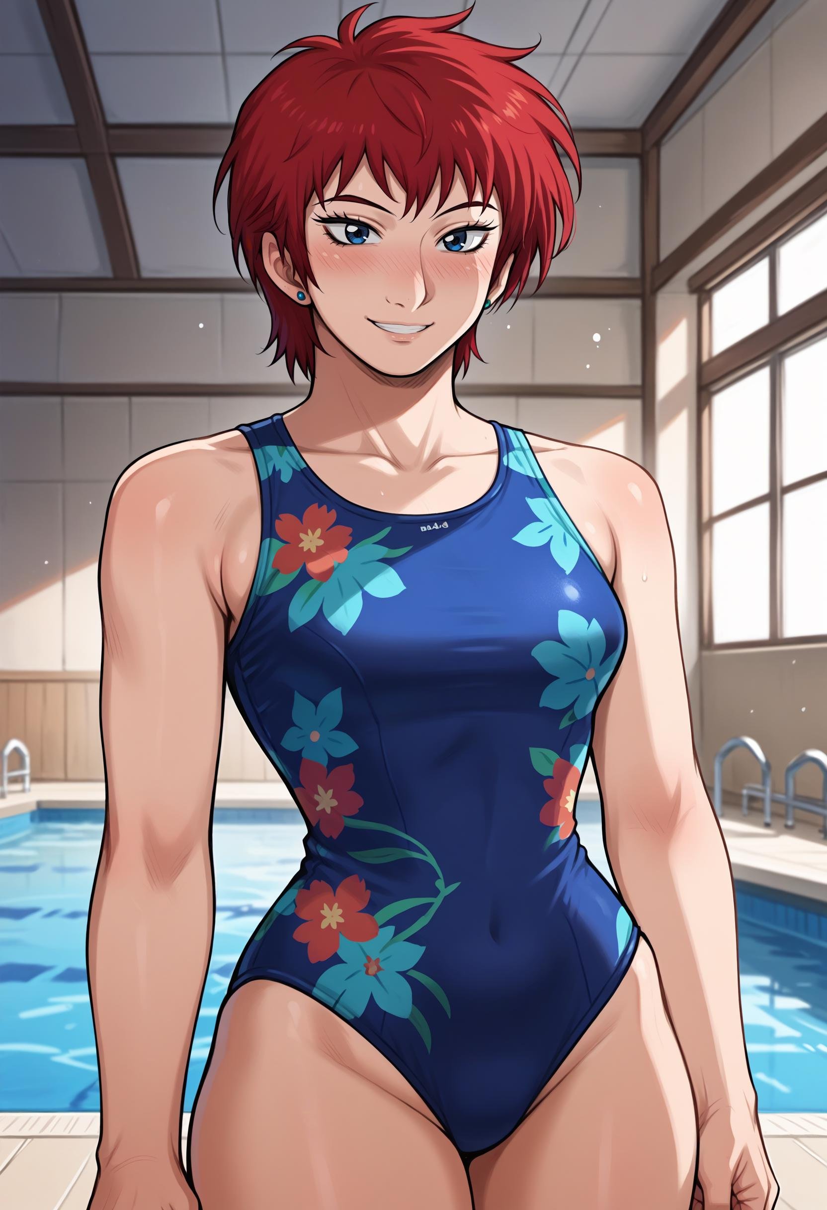 score_9, score_8_up,score_7_up, 1girl, solo, akmktb, tomboy, short hair, red hair, blue eyes, stud earrings, jewelry, casual one-piece swimsuit, floral print, blue one-piece swimsuit, standing, smile, blush, indoors, pool,<lora:akwmk_pdxl_EliPot_V2:1> 