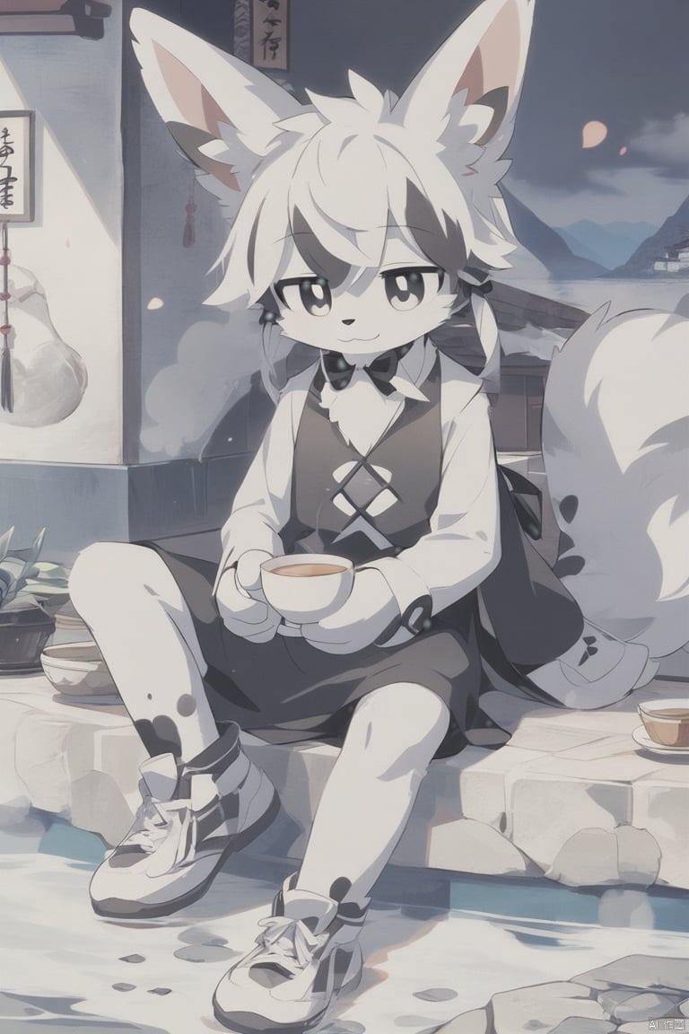 score_9, score_8_up, score_7_up, score_6_up, score_5_up, score_4_up, score_9, cute furry full body,  chinese ink paint style, black fur, white eyes, drooping ears, white robe, black cuff, black ribbon, glimmering eyes, relaxed , smelling tea, mountains and rivers, boat, clouds, foggy, shota,black skin,fursuit