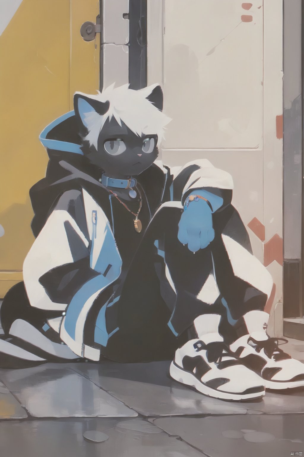  HTTP,1boy, cat, animal ears, white hair, male focus, sitting, black footwear, jacket, black cat, pants, shoes, jewelry, looking at viewer, necklace, short hair, animal, solo, grey eyes, collar, sneakers, black pants, black shirt, long sleeves, furry,