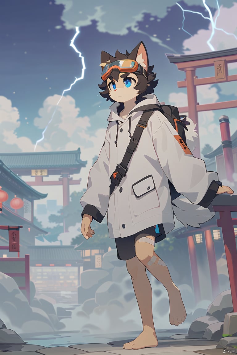 A dynamic scene unfolds as the muscular male, sporting goggles on his forehead and a collarbone-length haircut with messy curls, dons cat ears and a Hand Strap. His red and blue eyes gleam amidst thick eyebrows. A scar adorns his nose. The atmosphere is charged with lightning surrounding him,  He stands barefoot,  wearing a T-shirt under a furry coat,  doggy eyes . His curly hair sticks out in every direction, and thick eyebrows frame his gaze.,bandaid on leg,Chinese architecture,  torii, solo,Leaks out of the right shoulder, blue fire,neon light, cityscape,White balayage,Orange scrubbed white hair,Expose right shoulder,no shoes,barefoot,fursuit